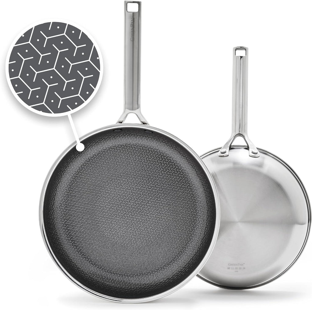GreenPan Hybrid 9.5' & 11' Nonstick Stainless Steel Frying Pan Set, APEX Tri-Ply Thermobond PFAS-Free Ceramic Skillets, Induction & All Cooktop Compatible, Oven Temp to 850°F, Dishwasher Safe, Silver