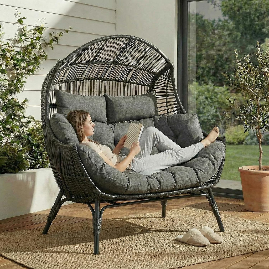 IRONCK Egg Chair Indoor Outdoor, 2 Person Double Egg Loveseat Chair, Oversized Thickened Padded Headrests and Cushions, 680 lbs Wicker Lounge for Balcony, Patio, Garden, Black and Gray