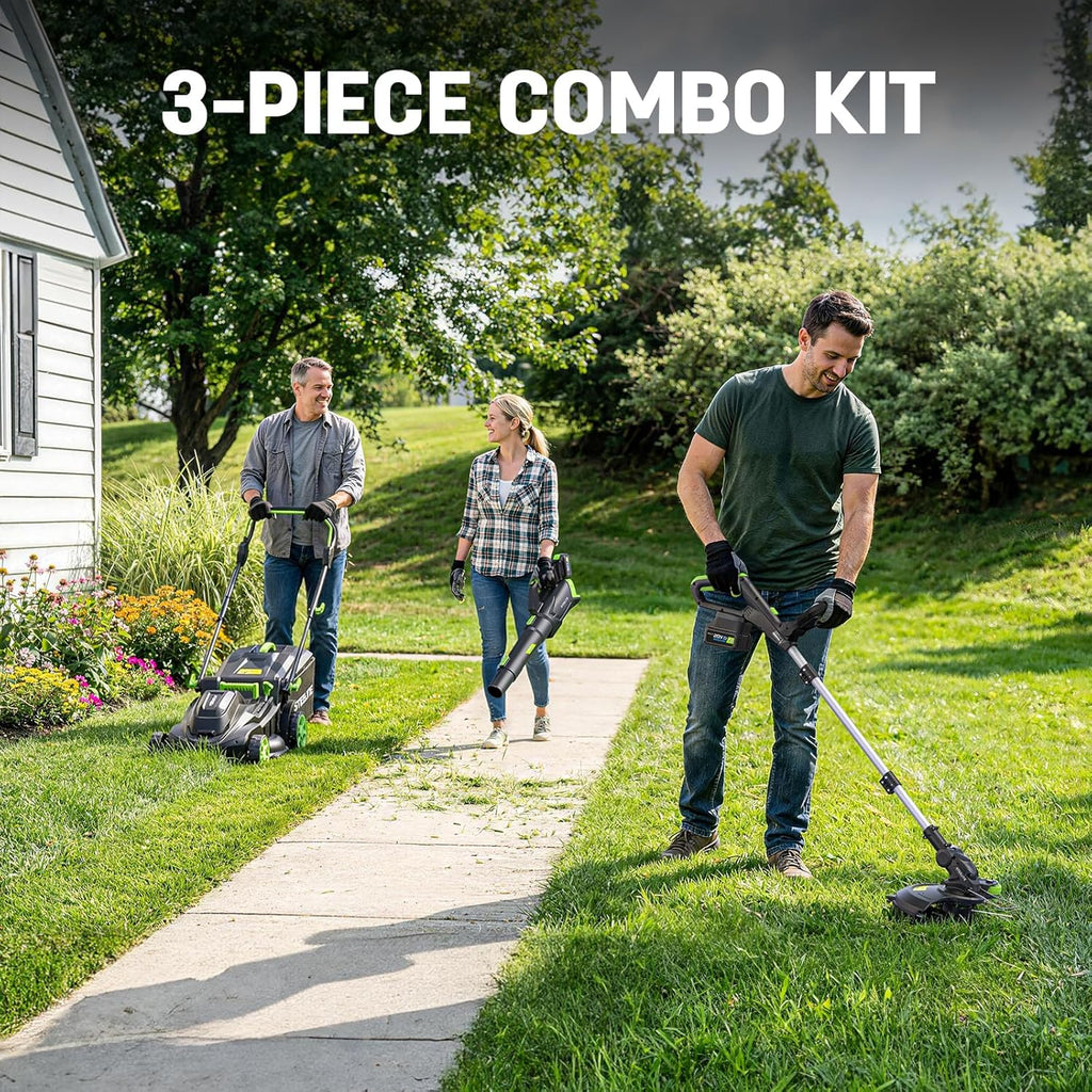 STEELITE 40V(2×20V) 17-Inch Cordless Lawn Mower Combo, Brushless Electric Mower, 12-Inch String Trimmer & 500CFM Leaf Blower, Yard Tools Kit with 3×4.0Ah Batteries and Dual Chargers