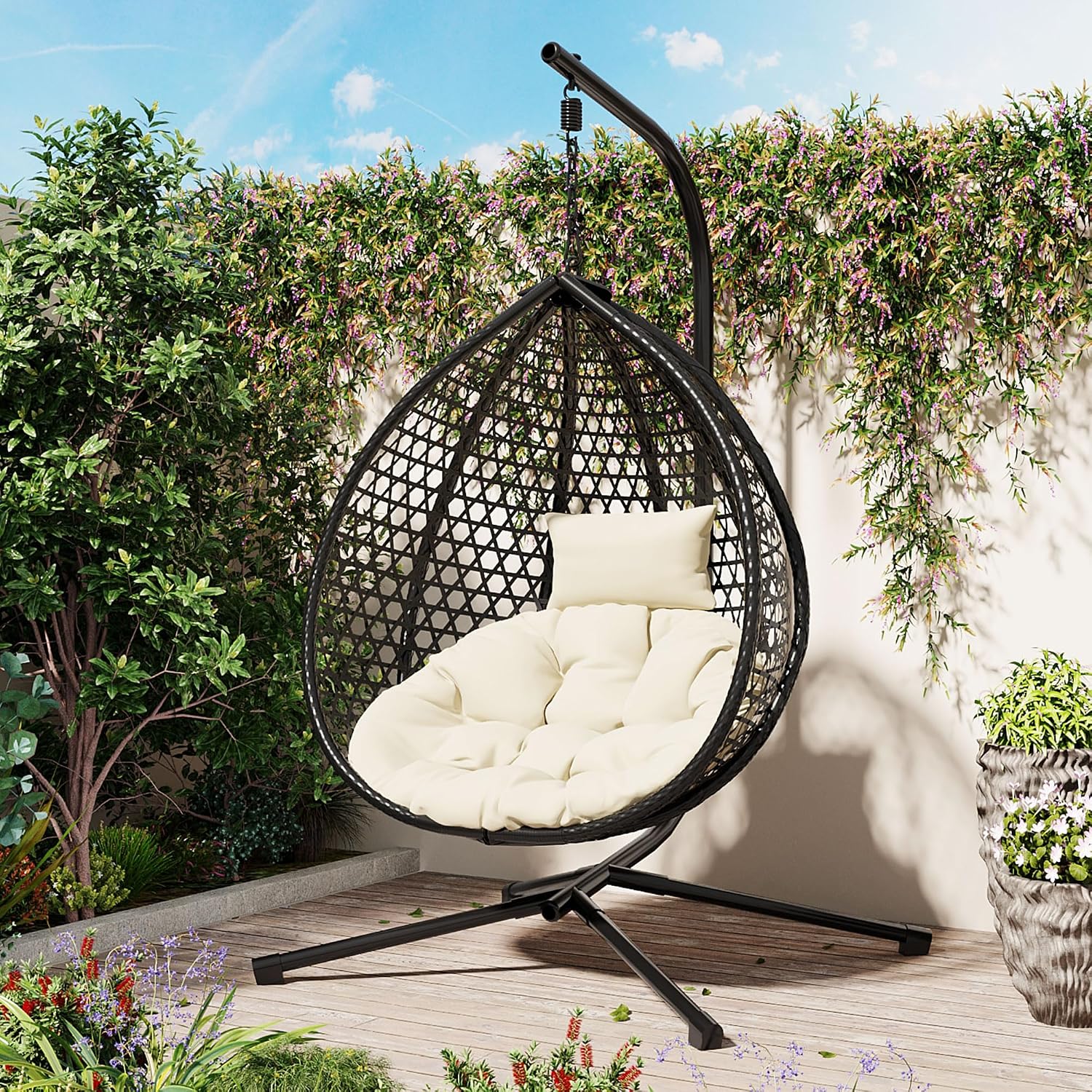 Single Hammock Chair with Stand Durable Hanging Egg Chair with Rattan Weaving, Indoor Outdoor Swing Chairs with Soft Removable Cushion for Balcony, Bedroom, Patio, or Garden, Black+Beige