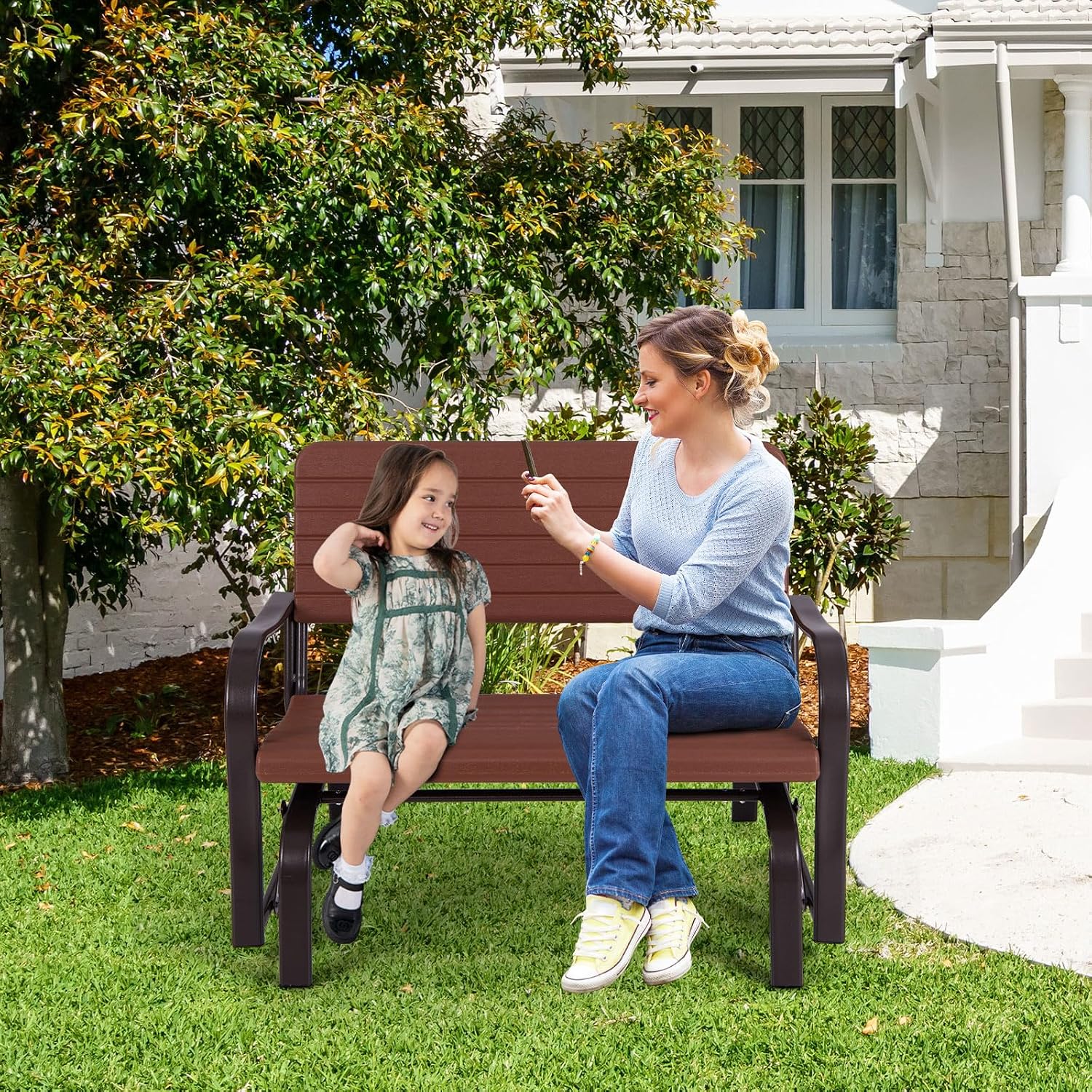 Tangkula Outdoor Glider Bench, Porch Glider Loveseat Swing Bench with w/Steel Frame, 2-Seat Rocking Chair for Porch, Garden, Backyard, Lawn (Coffee)