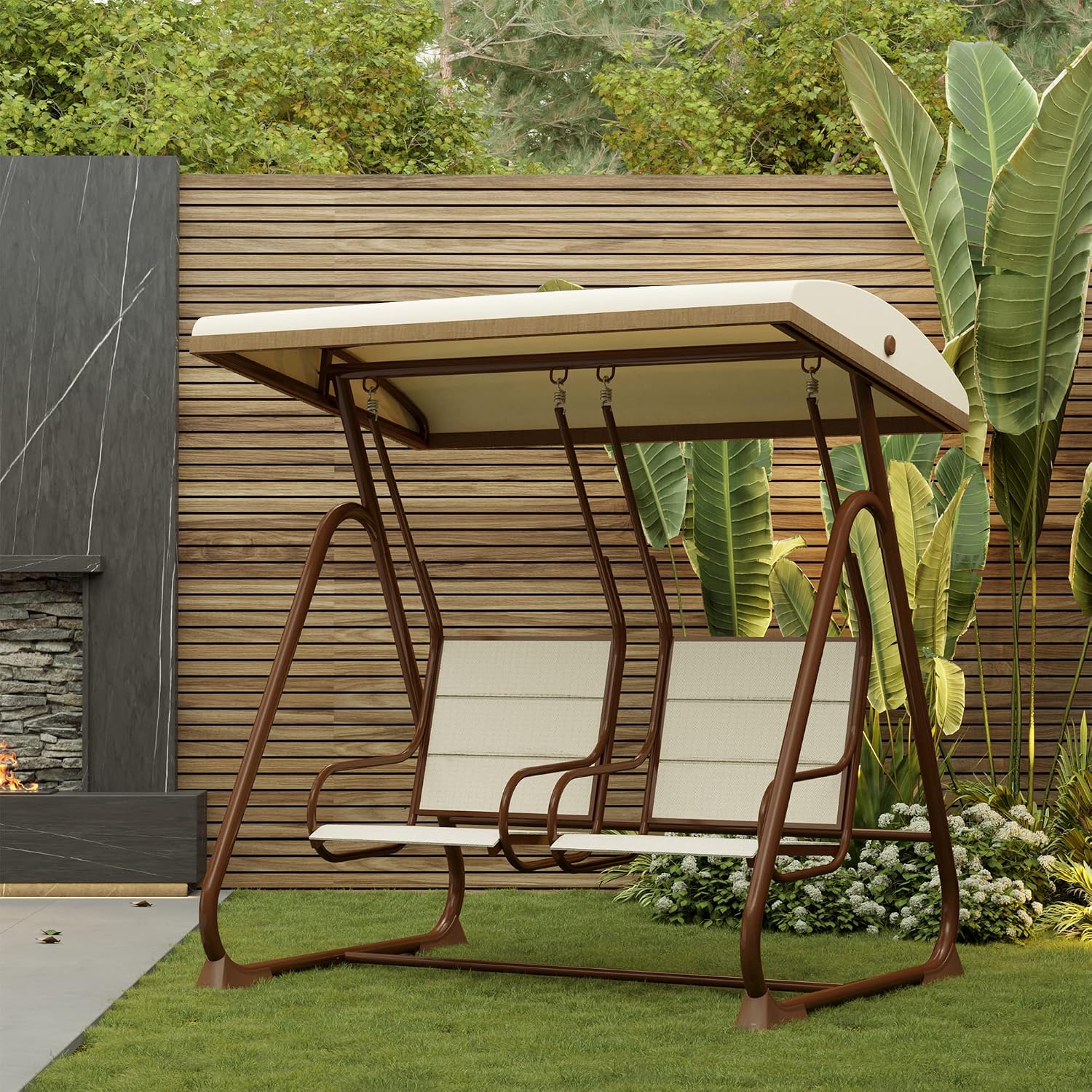East Oak 2-Person Outdoor Patio Swing Chair with Adjustable Canopy, Porch Swing with Comfortable and Breathable Seats, Independent Swing Chairs for Garden, Balcony, Backyard, Chestnut Brown