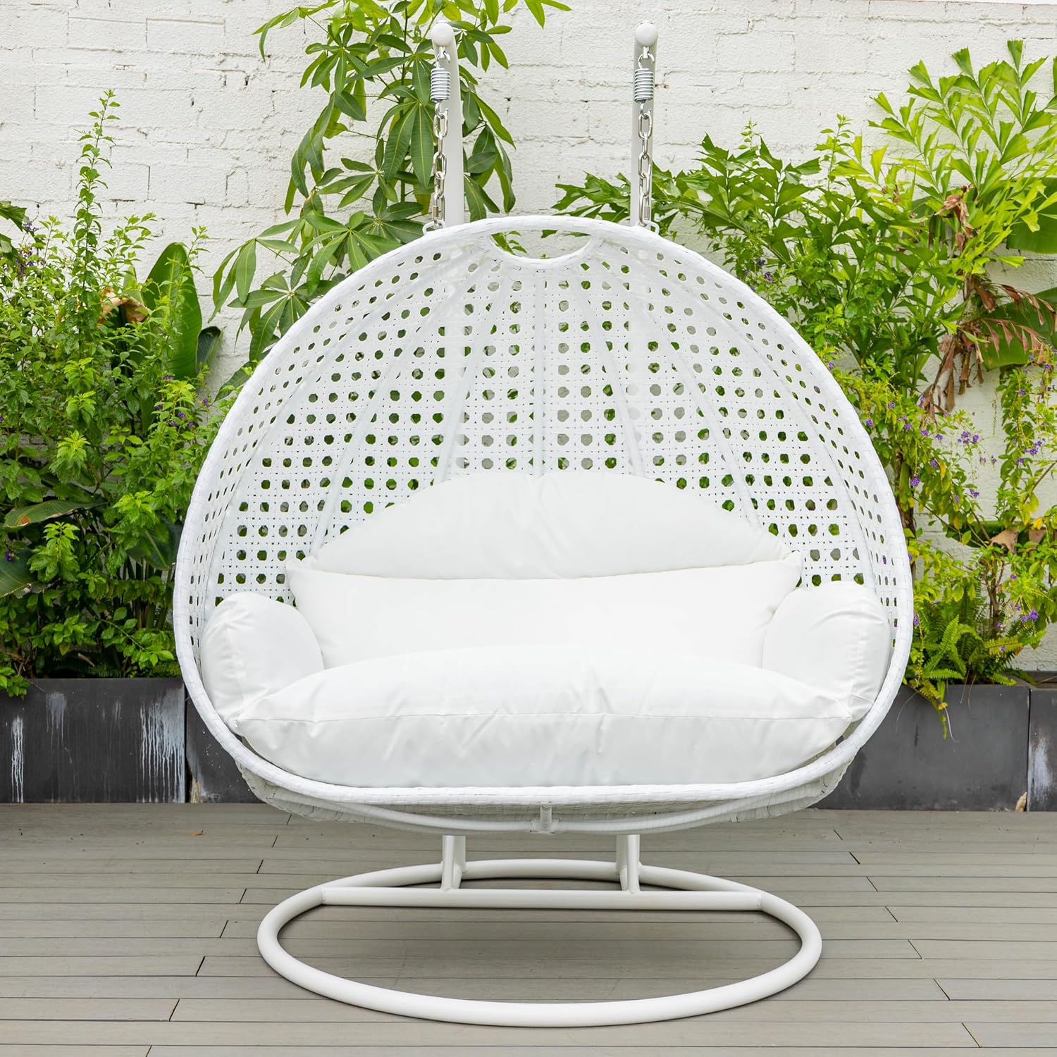 LeisureMod 2 Person Hanging Egg Chair, Indoor Outdoor Patio Lounge Swing with White Stand & UV-Resistant Cushions, Hammock Chair for Bedroom & Garden, White