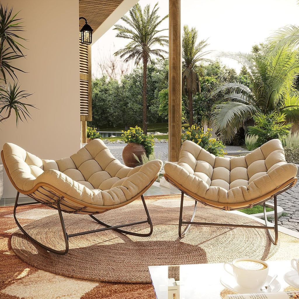 Outdoor Rocking Chair, 2 PCS Indoor Papasan Chairs, Oversized Egg Rocking Chair with Thick Cushion, Rattan Wicker Rocker Lounge Chair for Bedroom, Living Room, Patio, Garden, Porch (Beige)