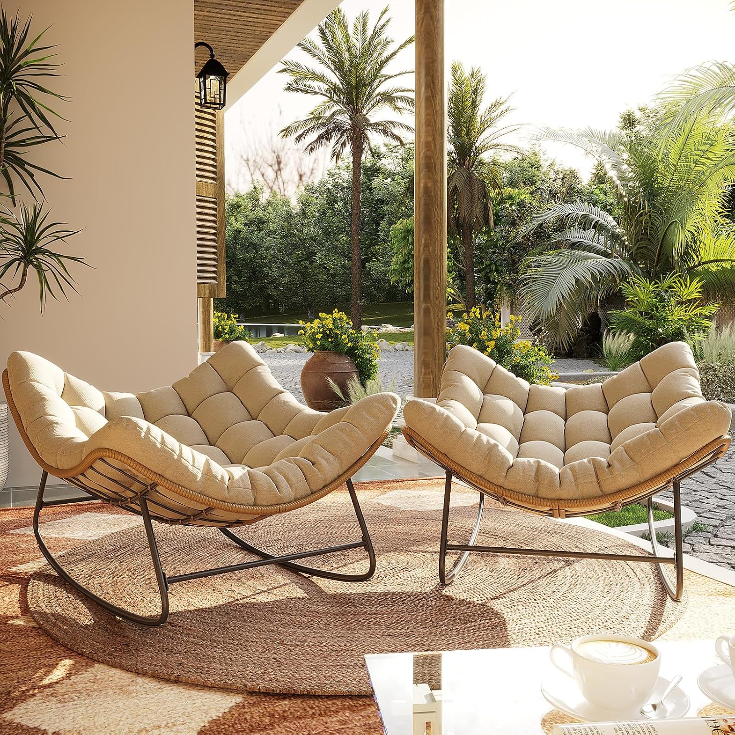 Outdoor Rocking Chair, 2 PCS Indoor Papasan Chairs, Oversized Egg Rocking Chair with Thick Cushion, Rattan Wicker Rocker Lounge Chair for Bedroom, Living Room, Patio, Garden, Porch (Beige)