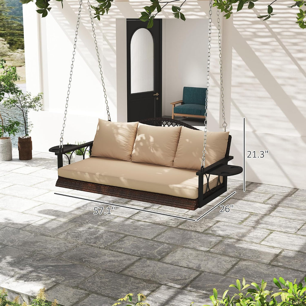 Outsunny 3 Person Wicker Porch Swing Chair Heavy Duty 800 LBS with Cup Holder, 57 Inch Outdoor Rattan Patio Hanging Swing Bench with Cushions and Chains for Garden, Backyard, Brown