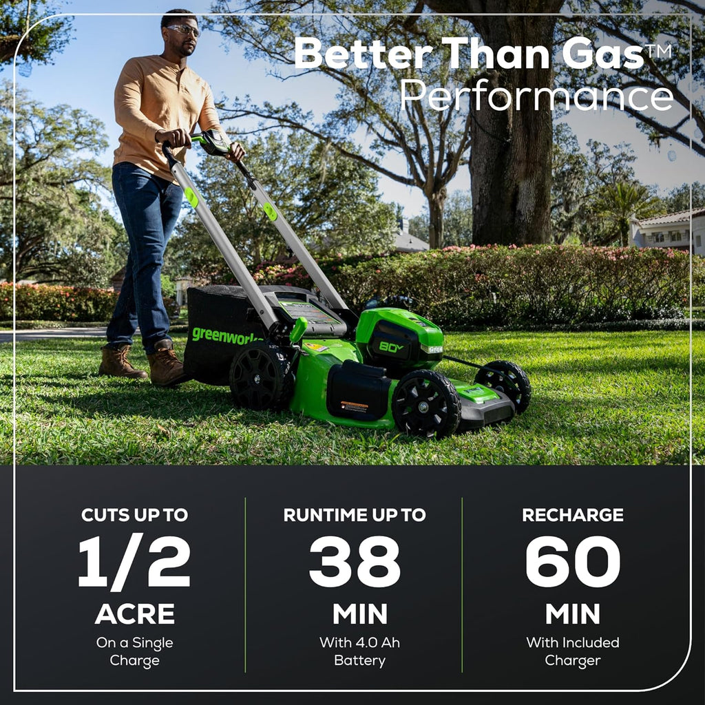 Greenworks 80V 21' Cordless Push Lawn Mower – Brushless Motor, LED Lights, 4.0Ah Battery & Rapid Charger (75+ Compatible Tools)