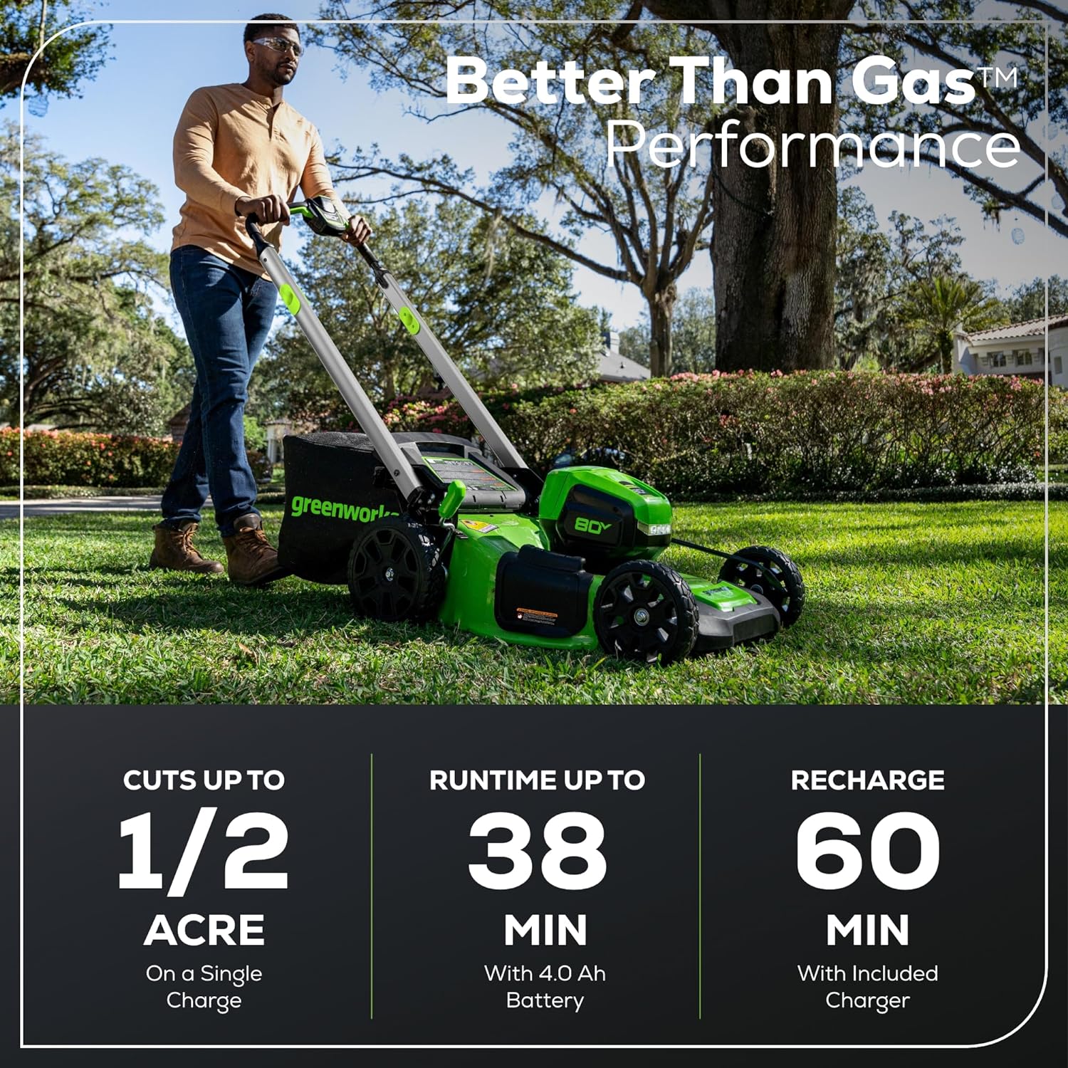 Greenworks 80V 21' Cordless Push Lawn Mower – Brushless Motor, LED Lights, 4.0Ah Battery & Rapid Charger (75+ Compatible Tools)