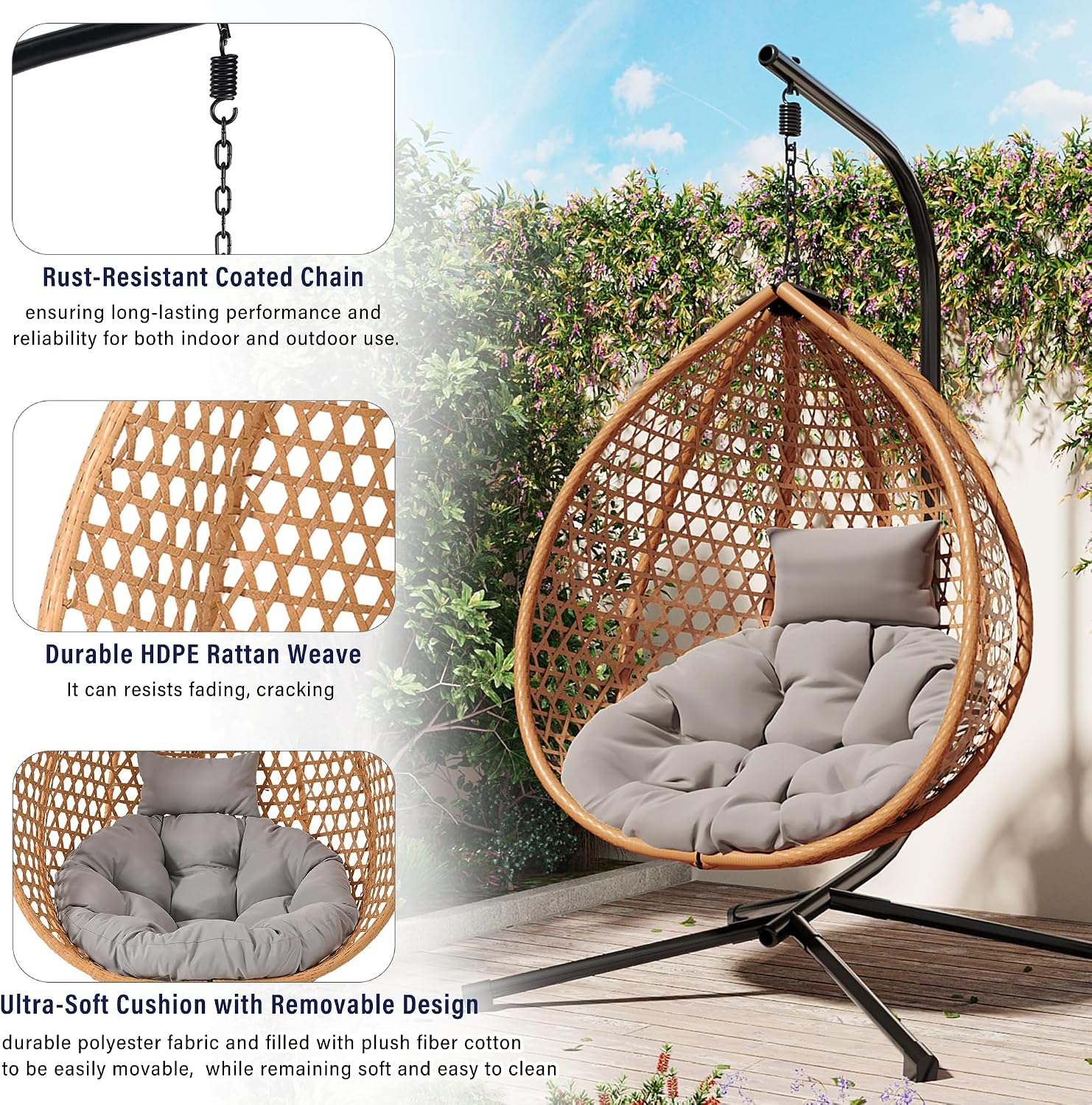 Single Hammock Chair with Stand Durable Hanging Egg Chair with Rattan Weaving, Indoor Outdoor Swing Chairs with Soft Removable Cushion for Balcony, Bedroom, Patio, or Garden, Natural+Grey