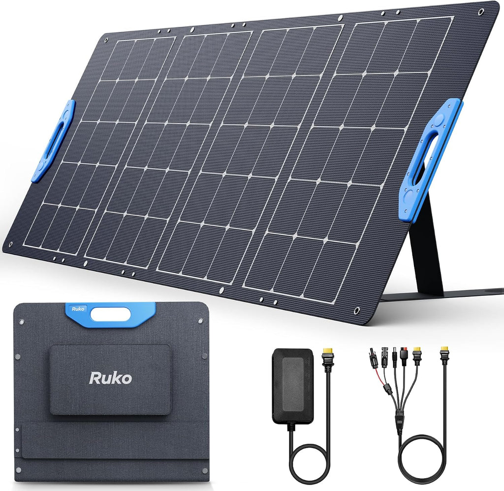 Ruko RK200 200W Portable Solar Panel, Foldable Monocrystalline Panel Charger with 23.5% Efficiency, Charging Expansion Box, IP67 Waterproof, Adjustable Kickstand for RVs, Camping, Blackout