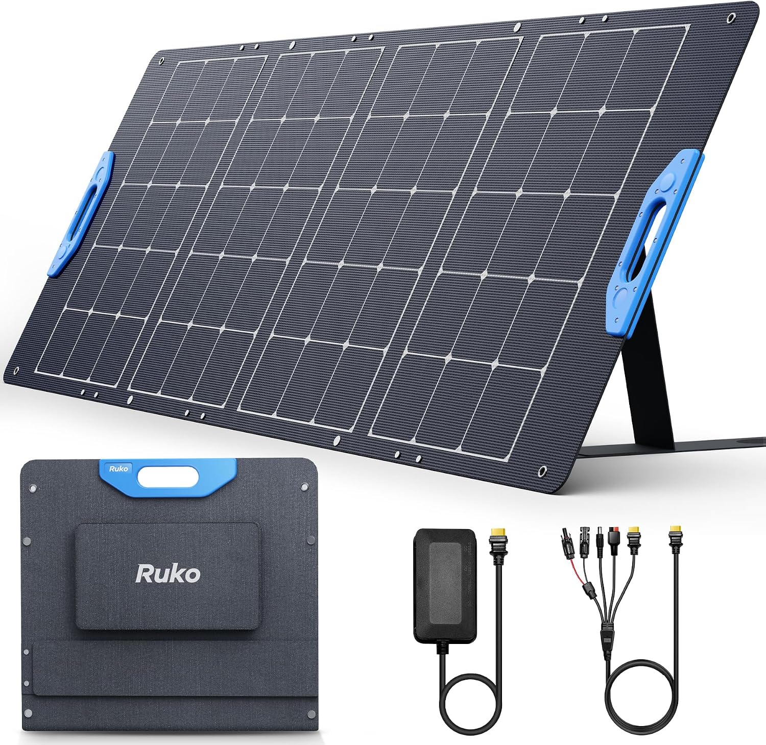 Ruko RK200 200W Portable Solar Panel, Foldable Monocrystalline Panel Charger with 23.5% Efficiency, Charging Expansion Box, IP67 Waterproof, Adjustable Kickstand for RVs, Camping, Blackout