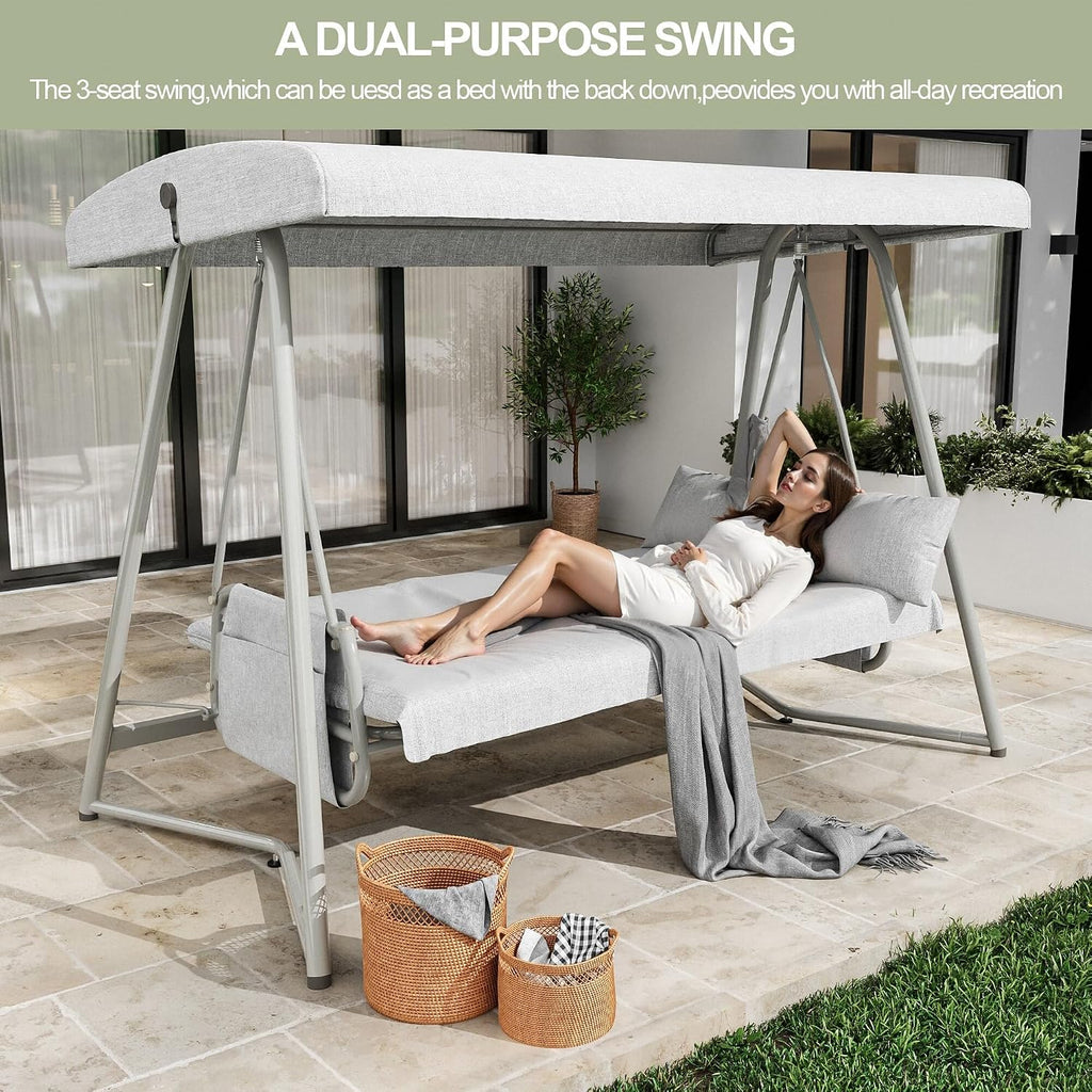3-4 Person Oversized Outdoor Porch Swing with Adjustable Backrest Canopy,2-in-1 Swing Bed 800 lbs Capacity,Patio Swing with Removable Cushions for Yard Garden Poolside Balcony