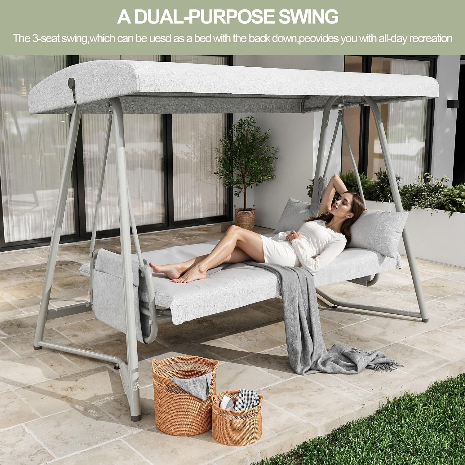 3-4 Person Oversized Outdoor Porch Swing with Adjustable Backrest Canopy,2-in-1 Swing Bed 800 lbs Capacity,Patio Swing with Removable Cushions for Yard Garden Poolside Balcony