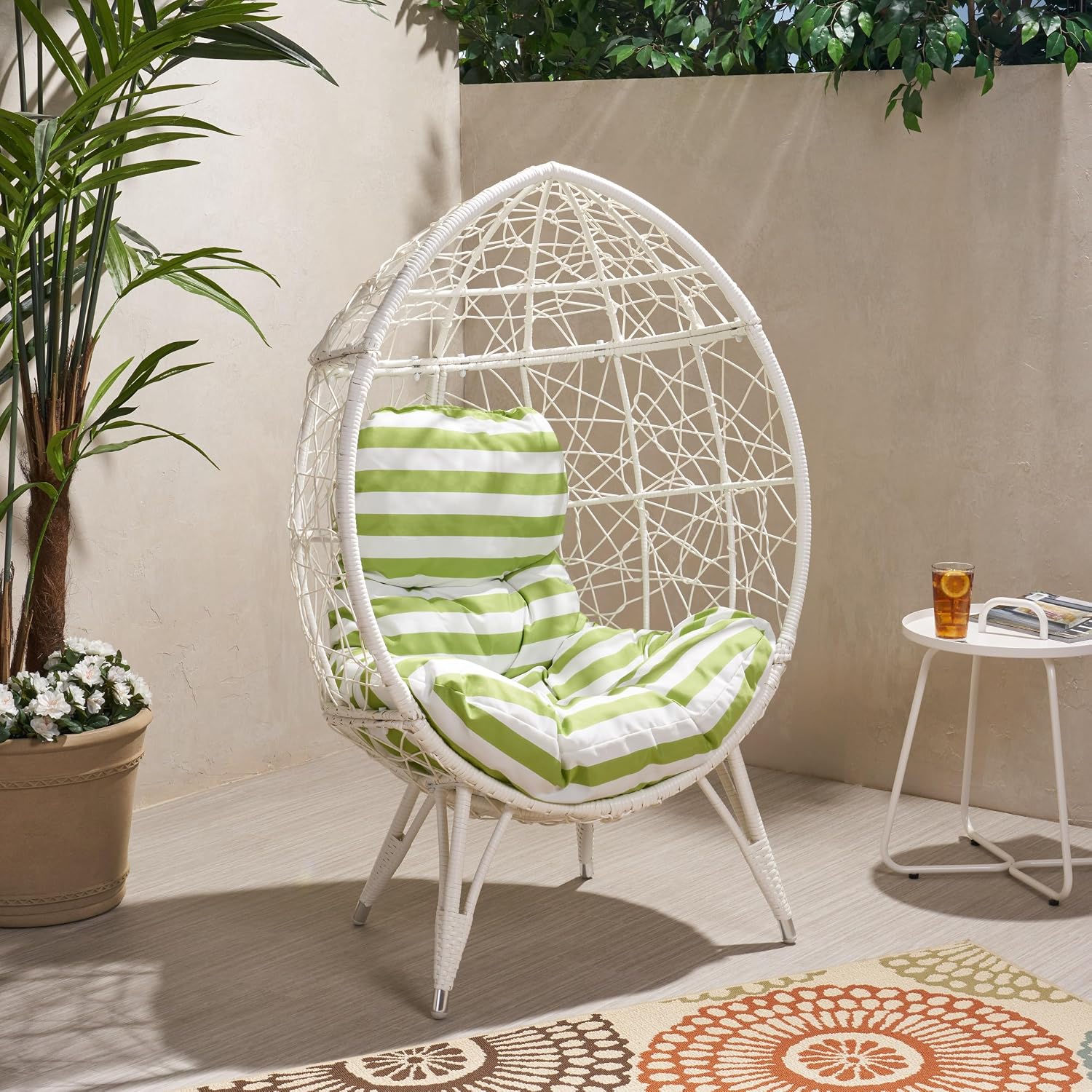 Wicker Egg Chair, Wicker Lounge Chair with Water Resistant Cushion, Indoor Outdoor Lounger for Patio, Backyard, Living Room (White)