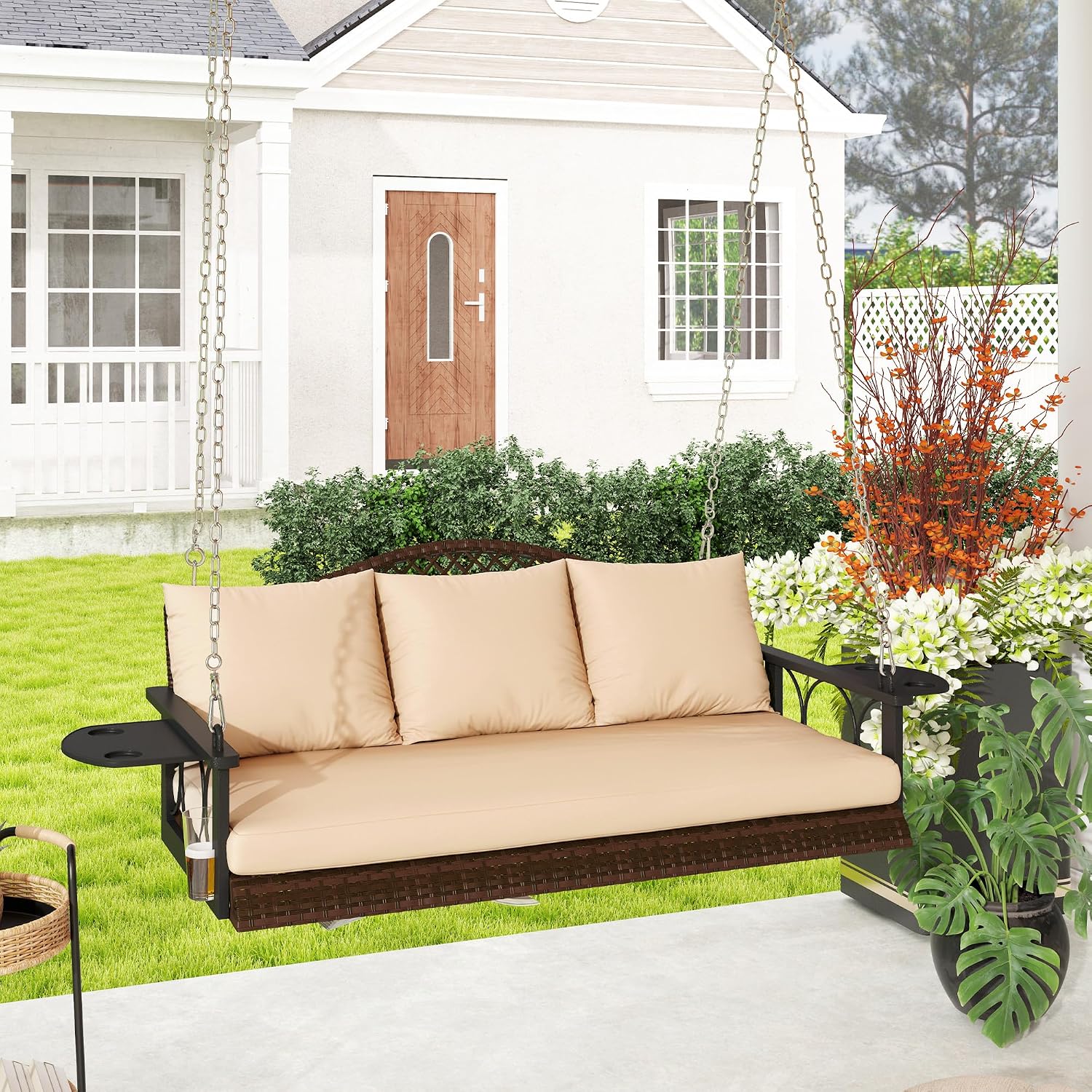 Outsunny 3 Person Wicker Porch Swing Chair Heavy Duty 800 LBS with Cup Holder, 57 Inch Outdoor Rattan Patio Hanging Swing Bench with Cushions and Chains for Garden, Backyard, Brown