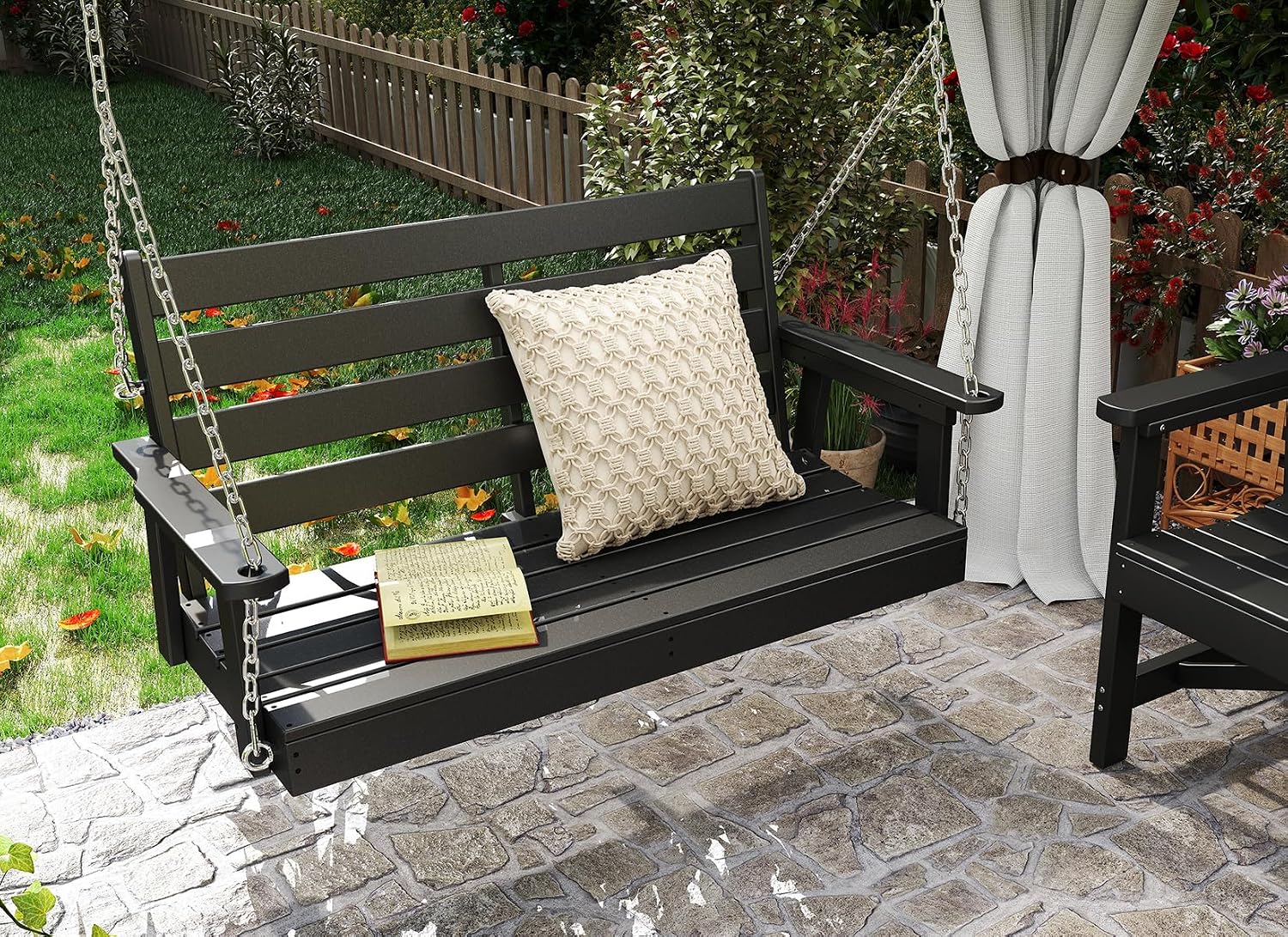 GREENVINES Porch Swing | 51'' | HDPE Plastic | for Outdoor Patio | All Weather | Waterproof Bench Swings | w/ 4 Stainless Steel Chains | Black