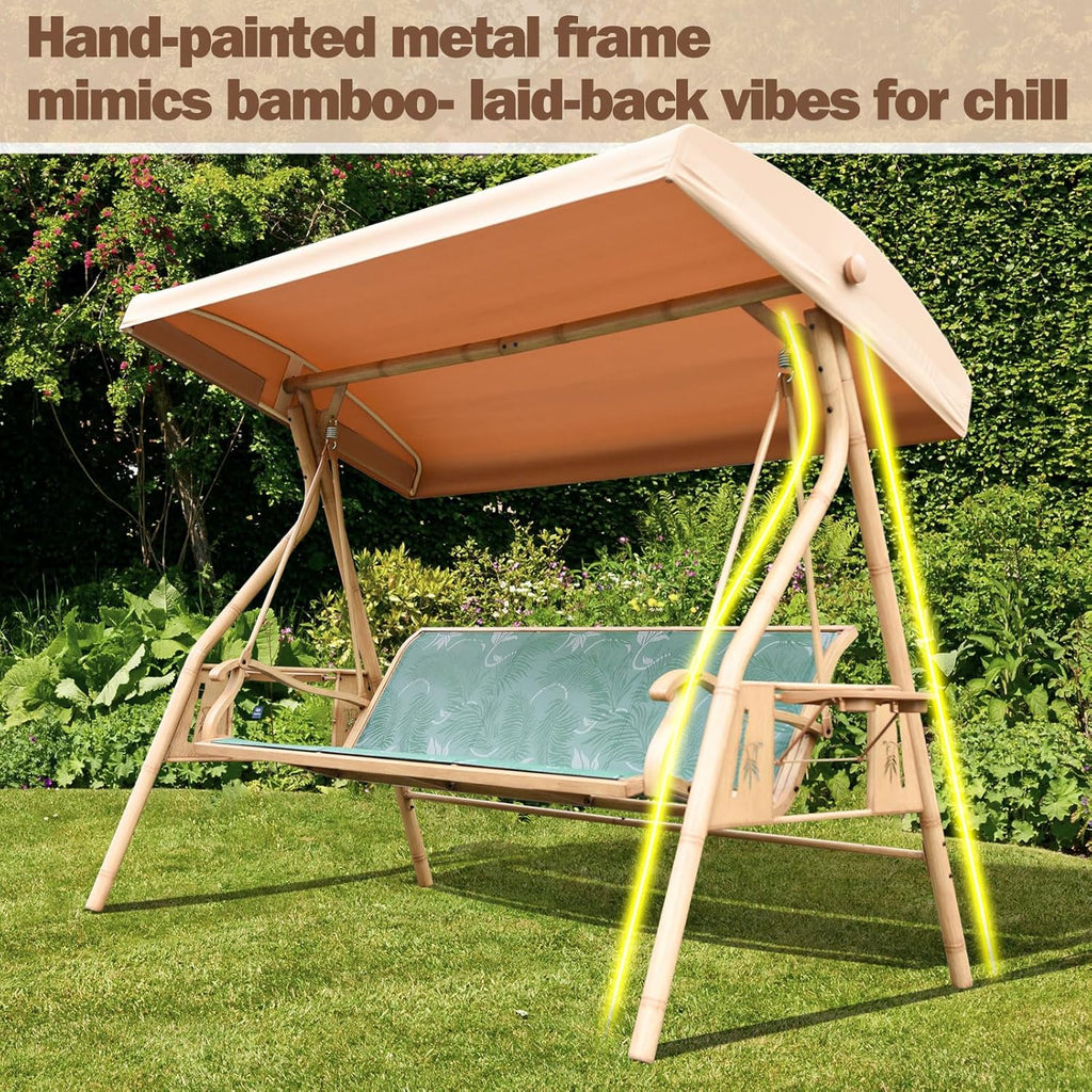 ZZW 3 Person Patio Swing Outdoor Swing for Adults with Adjustable Canopy &Upgraded Cup Holders Textilene Fabric Porch Swing Chair with Stand Heavy Duty 800 LBS