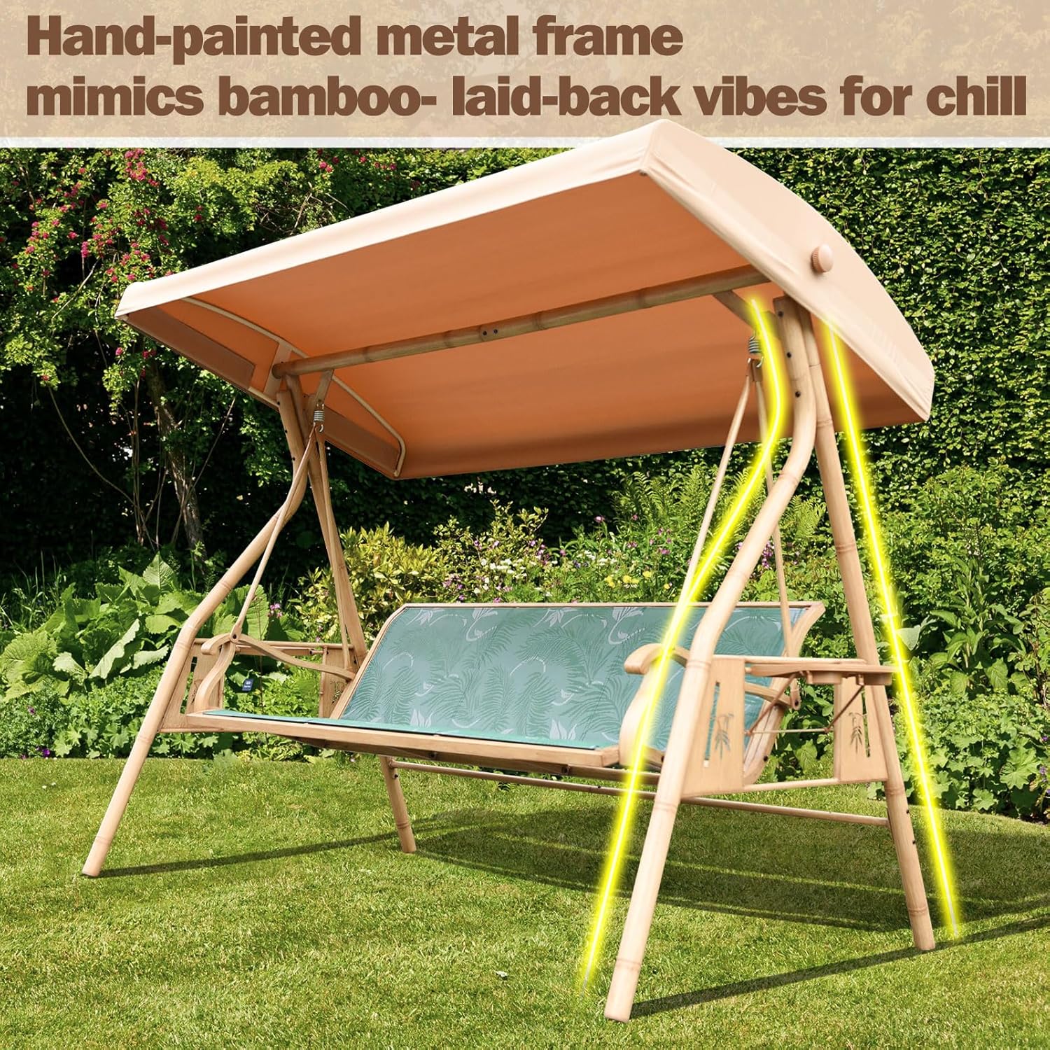 ZZW 3 Person Patio Swing Outdoor Swing for Adults with Adjustable Canopy &Upgraded Cup Holders Textilene Fabric Porch Swing Chair with Stand Heavy Duty 800 LBS