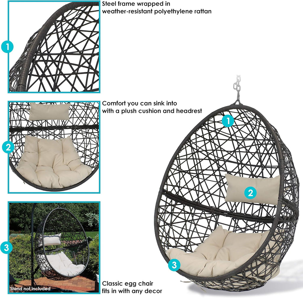 Sunnydaze Caroline Hanging Resin Wicker Egg Chair - 265-Pound Weight Capacity - Removable Beige Polyester Cushions