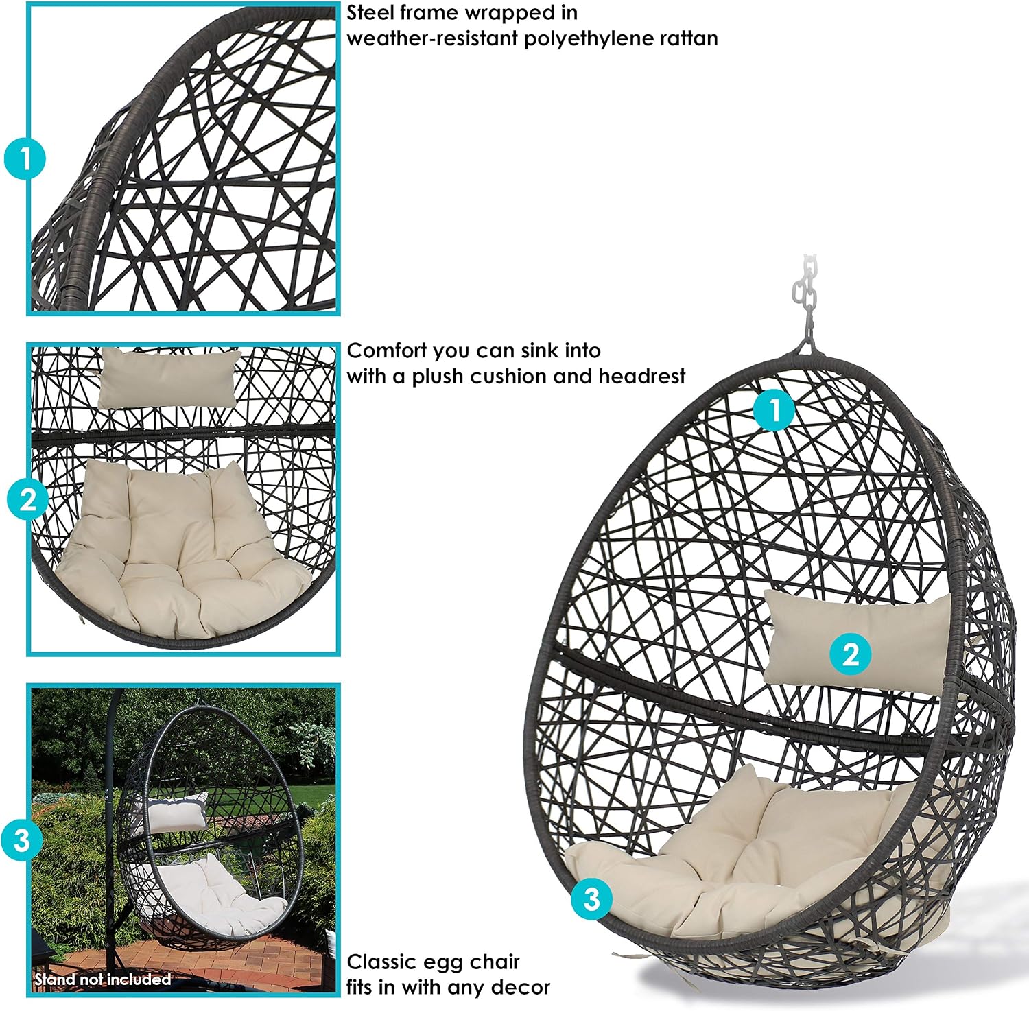 Sunnydaze Caroline Hanging Resin Wicker Egg Chair - 265-Pound Weight Capacity - Removable Beige Polyester Cushions