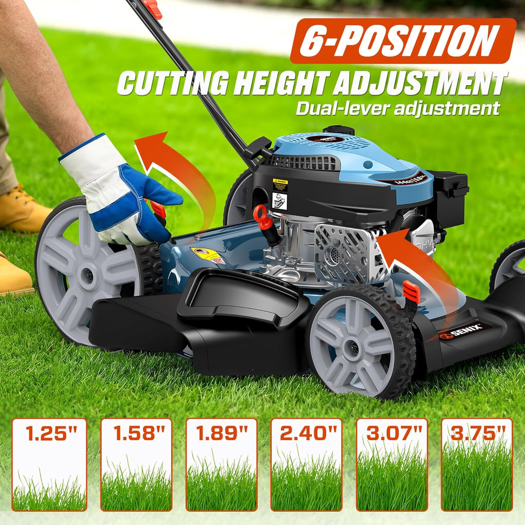 SENIX 21-Inch Gas Lawn Mower, 144cc 4-Cycle Engine, 2-in-1 Mulching & Side Discharge, 6-Position Height Adjustment, Push Walk-Behind Mower for Residential Yard & Garden