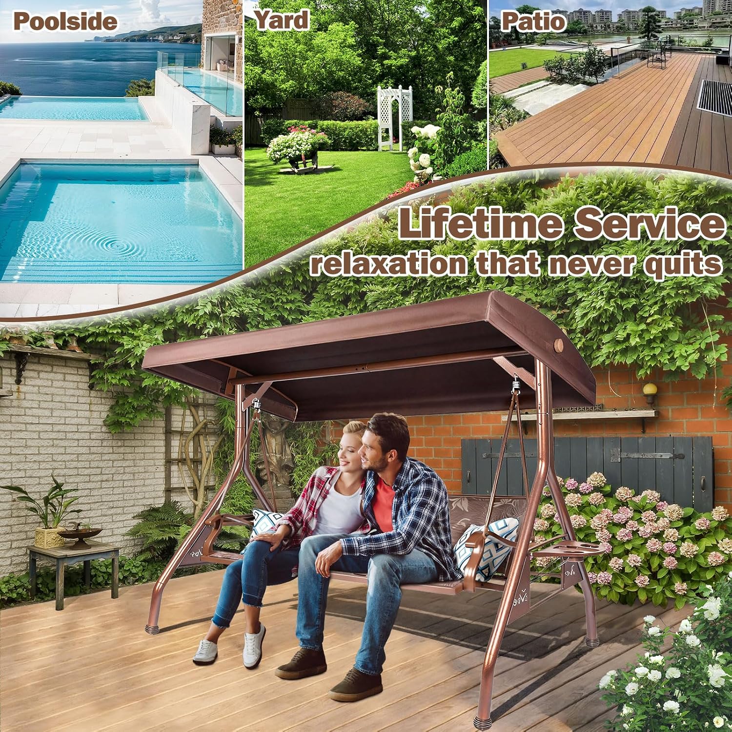 ZZW 3 Person Patio Swing Outdoor Swing for Adults with Adjustable Canopy &Upgraded Cup Holders Textilene Fabric Porch Swing Chair with Stand Heavy Duty 800 LBS