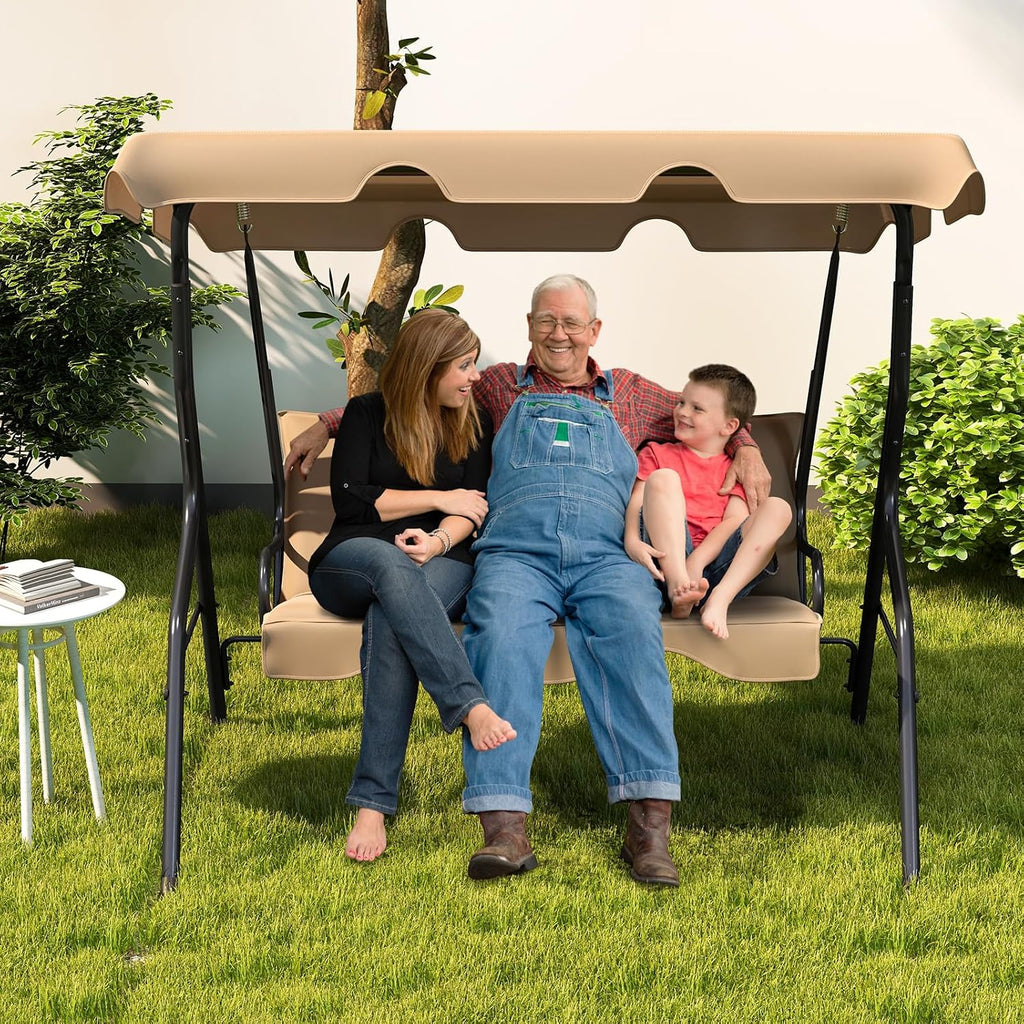 Tangkula 3 Person Porch Swing, Patio Swing with Removable Cushion & Powder-Coated Steel Frame, Outdoor Swing with Canopy for Porch, Backyard, Garden, Balcony (Beige)