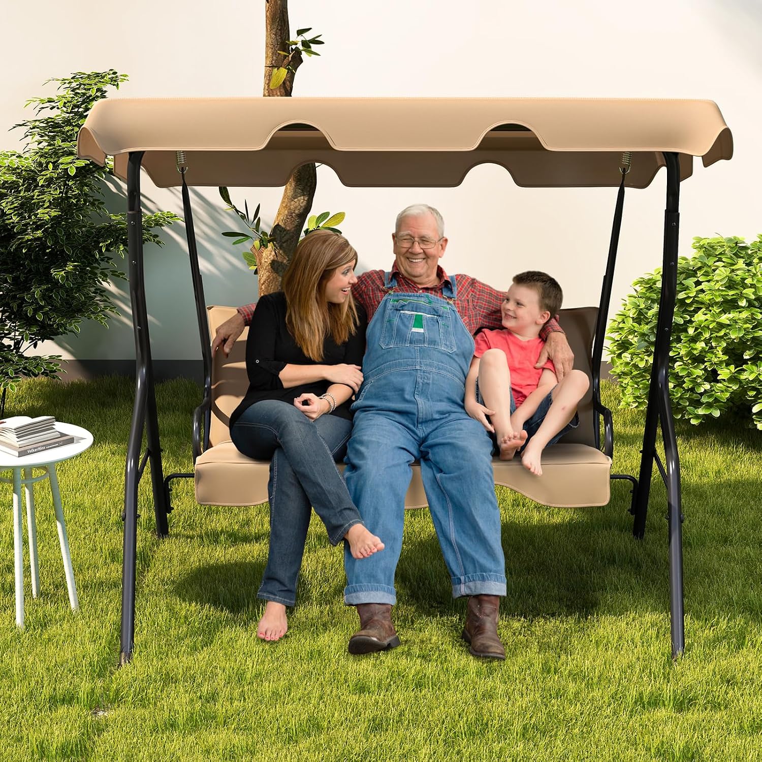 Tangkula 3 Person Porch Swing, Patio Swing with Removable Cushion & Powder-Coated Steel Frame, Outdoor Swing with Canopy for Porch, Backyard, Garden, Balcony (Beige)