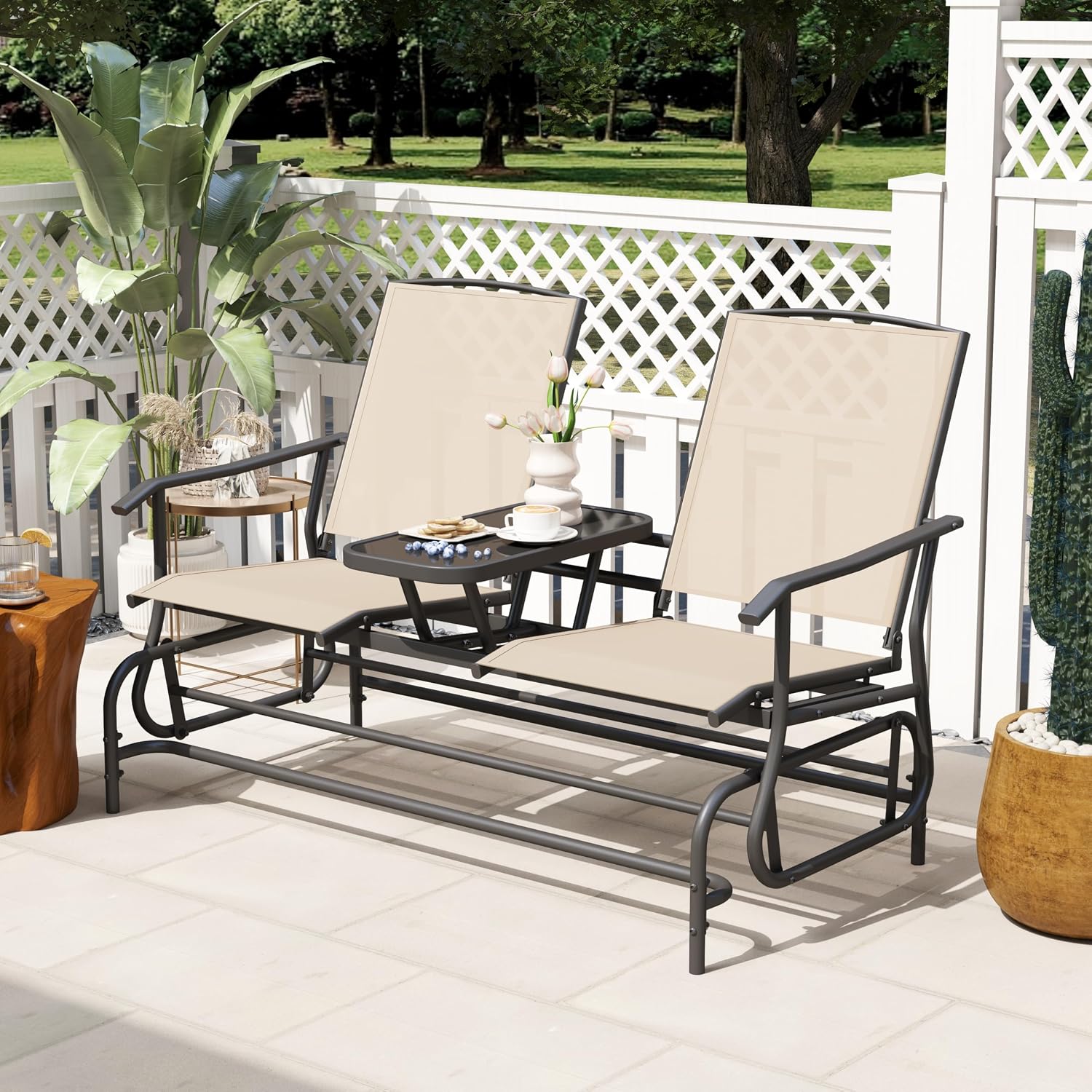 Tangkula 2 Person Swing Glider Chair, Patio Rocking Loveseat w/Center Tempered Glass Table, Outdoor Swing Bench w/Steel Frame & Breathable Mesh Fabric for Porch, Balcony, Poolside (Beige)