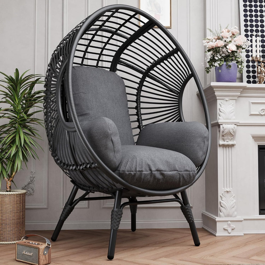 Oversized Wicker Egg Chair, Outdoor Indoor Rattan Patio Egg Lounge Chairs with Cushion 500lbs Capacity for Living Room, Balcony, Backyard(Black)
