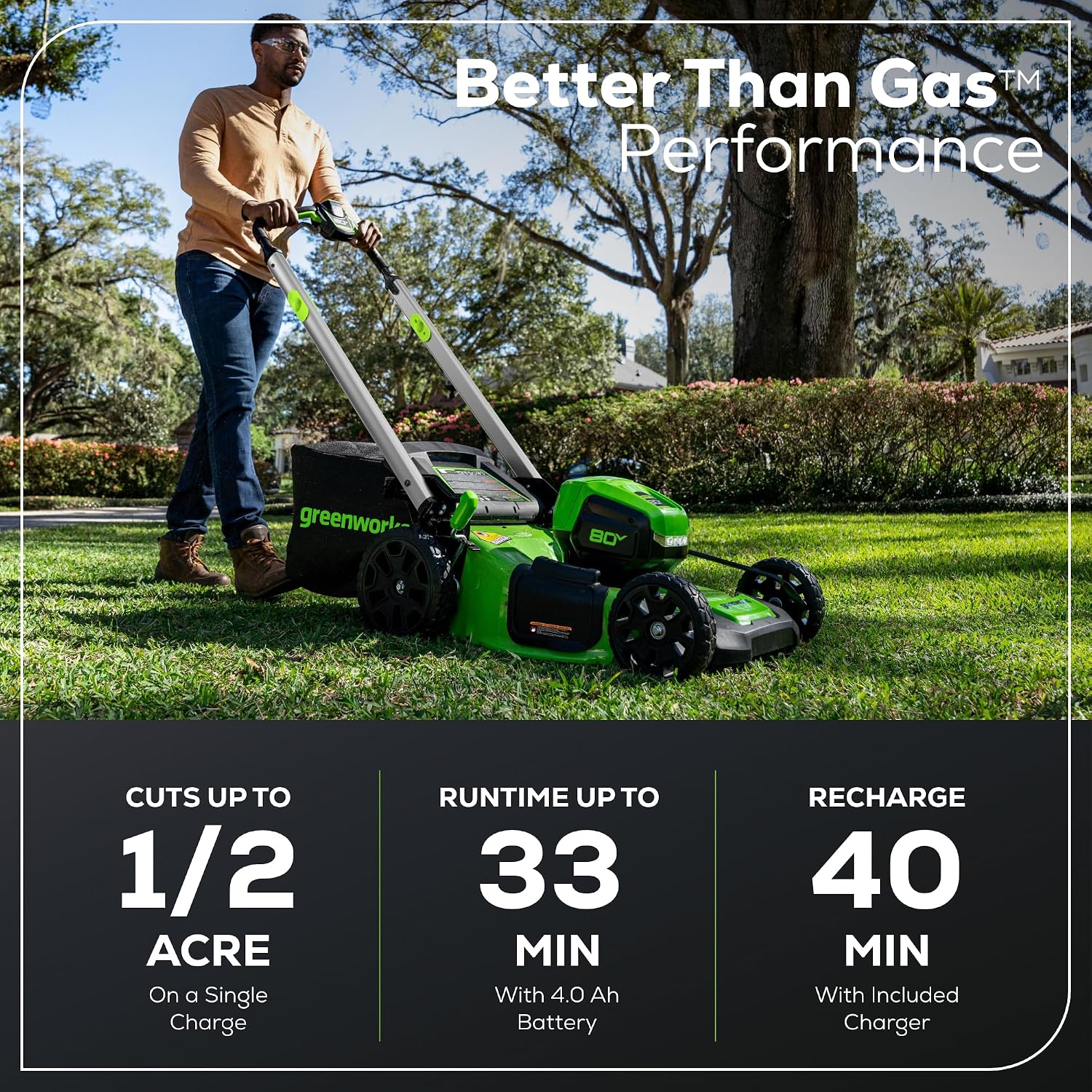 Greenworks 80V 21' Self-Propelled Cordless Lawn Mower – Brushless Motor, LED Lights, 4.0Ah Battery & Rapid Charger (75+ Compatible Tools)