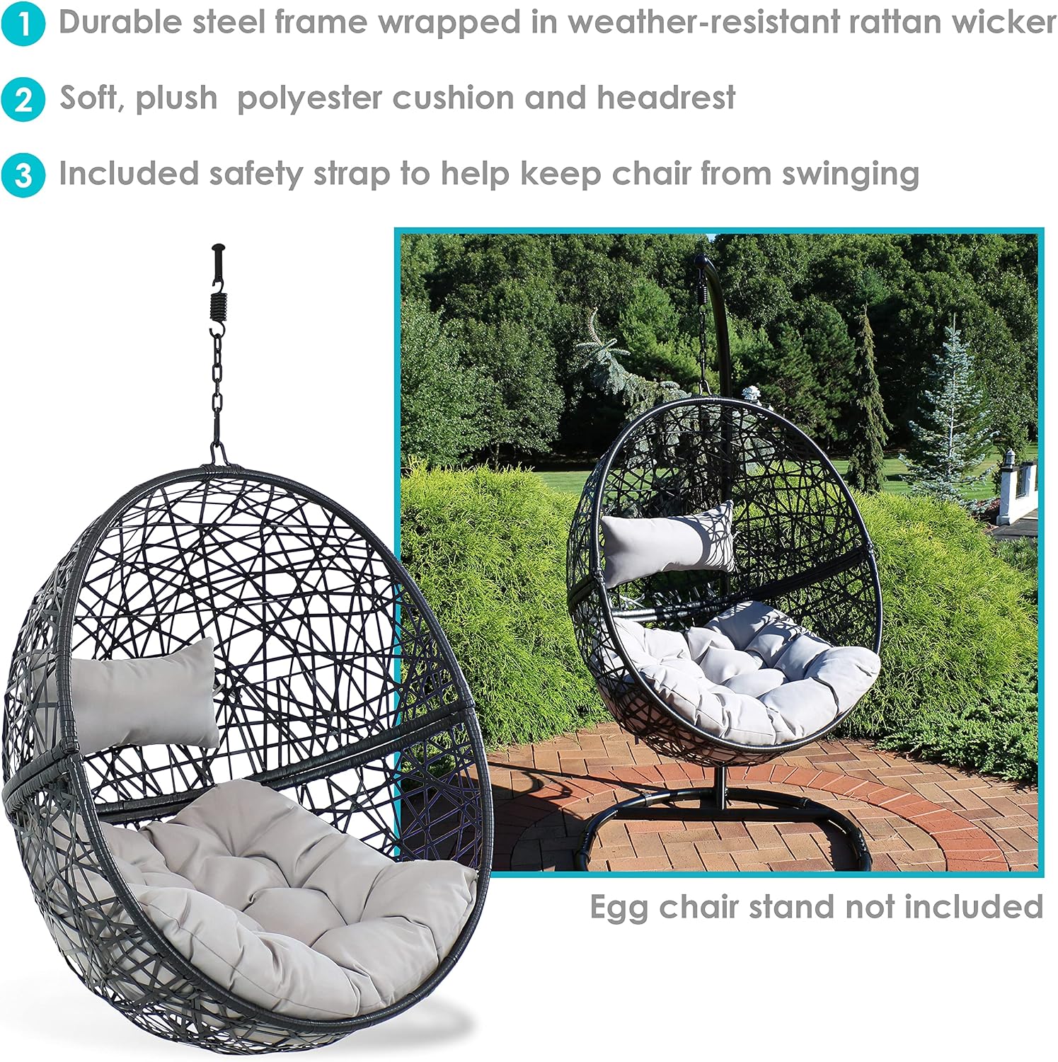 Sunnydaze Jackson Resin Wicker Hanging Egg Chair - 265-Pound Weight Capacity - Removable Gray Polyester Cushions