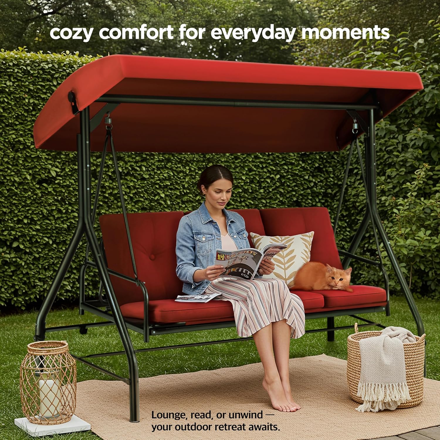 Porch Swing - 3-Seat Patio Outdoor Swing with Canopy for Adultes, Convertible Glider Bed, Thick Removable Cushions & Pillows for Backyard, Porch, Garden - Burgundy