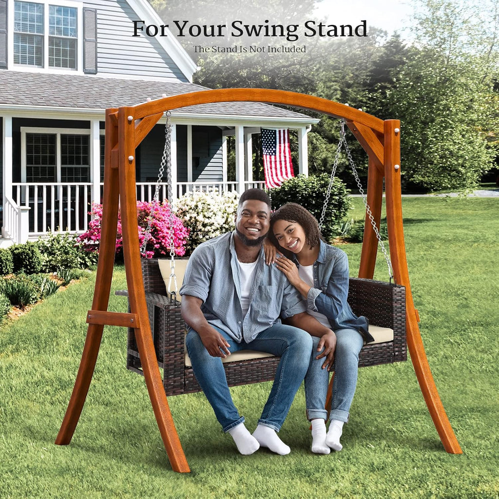 VINGLI Rattan Porch Swing, Heavy Duty 800 LBS Outdoor Hanging Seat with Extra Cushion and Adjustable Chain, the Porch Swing Seat Made by Wicker Suits for Garden, Yard, Lawn (Brown, 4 FT)