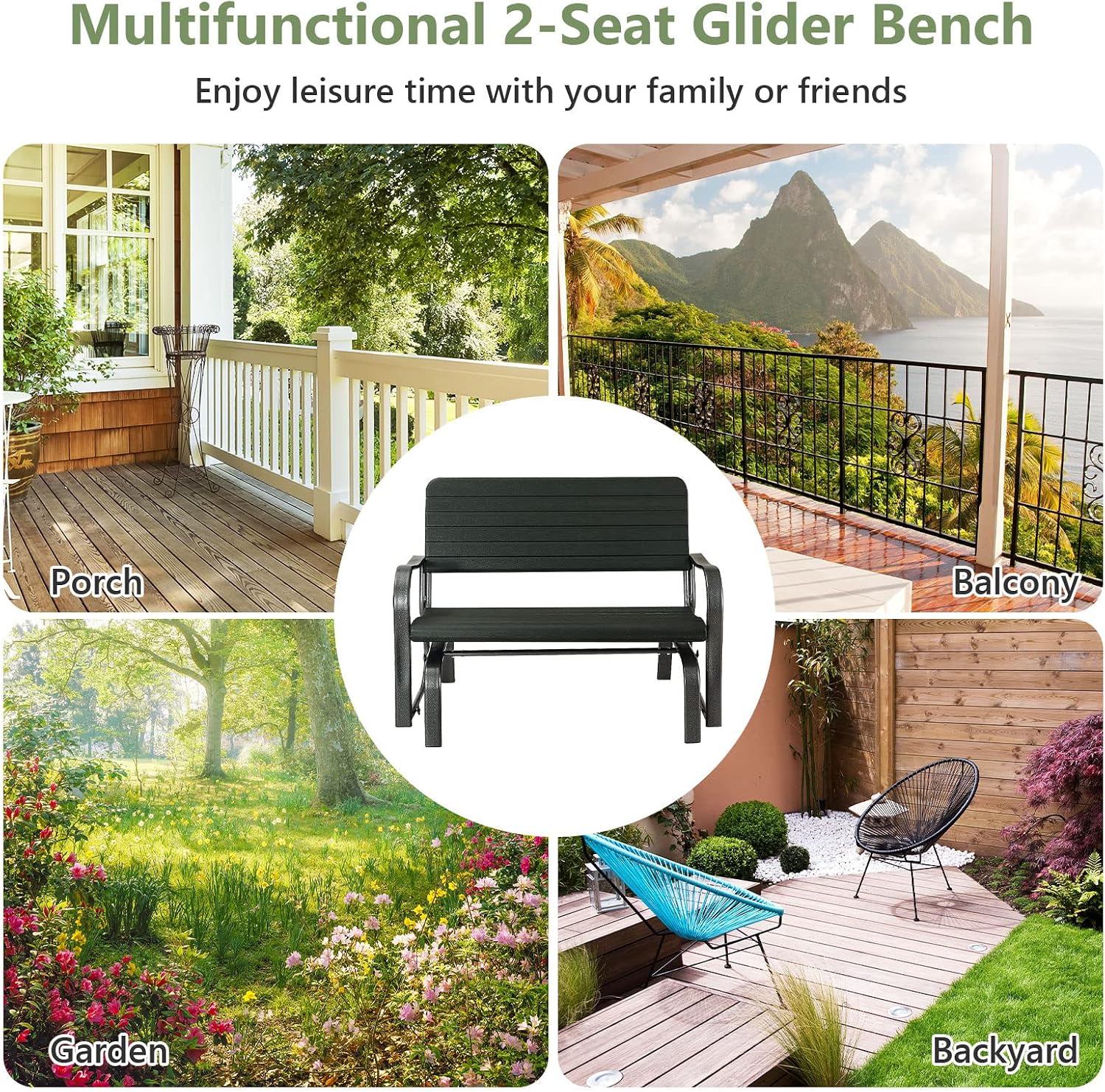 Tangkula Outdoor Glider Bench, Porch Glider Loveseat Swing Bench with w/Steel Frame, 2-Seat Rocking Chair for Porch, Garden, Backyard, Lawn (Dark Green)