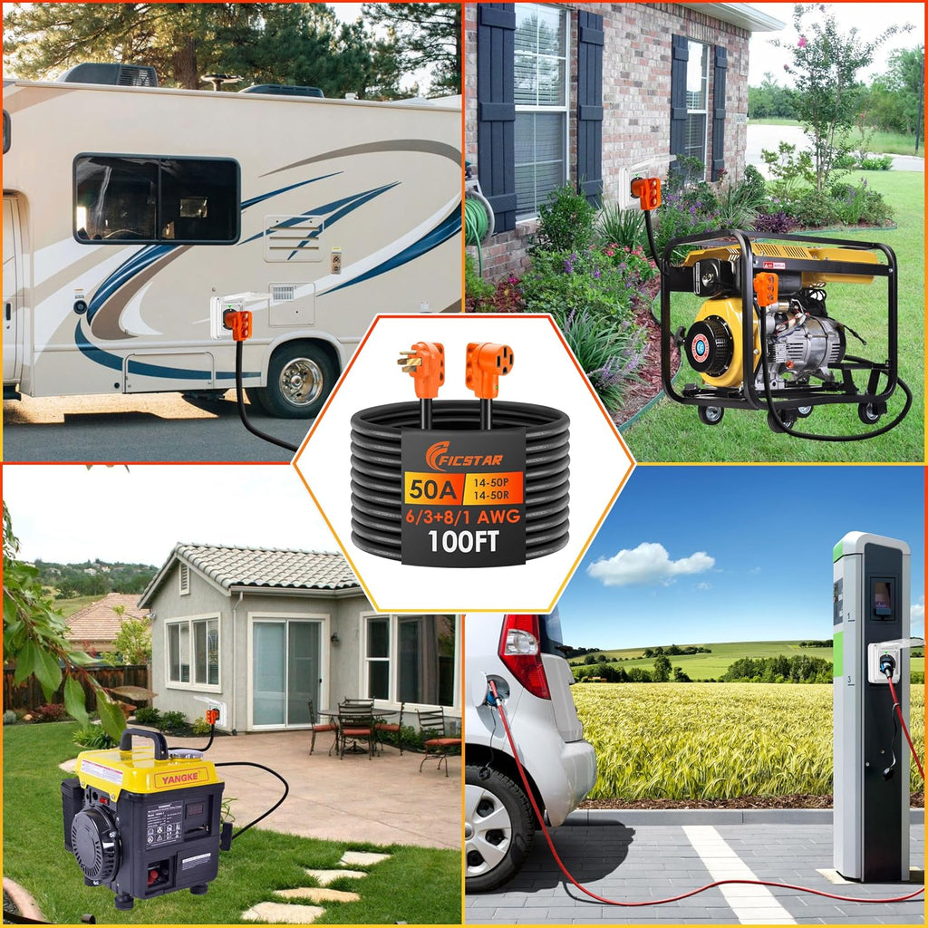 100FT 50 Amp RV Extension Cord Outdoor with Grip Handle, 125/250V, 12500W, 4 Prong, Heavy Duty 6/3+8/1 Gauge STW, NEMA 14-50P to 14-50R with LED Power Indicator & Polarity Lamp, UL&ETL Listed