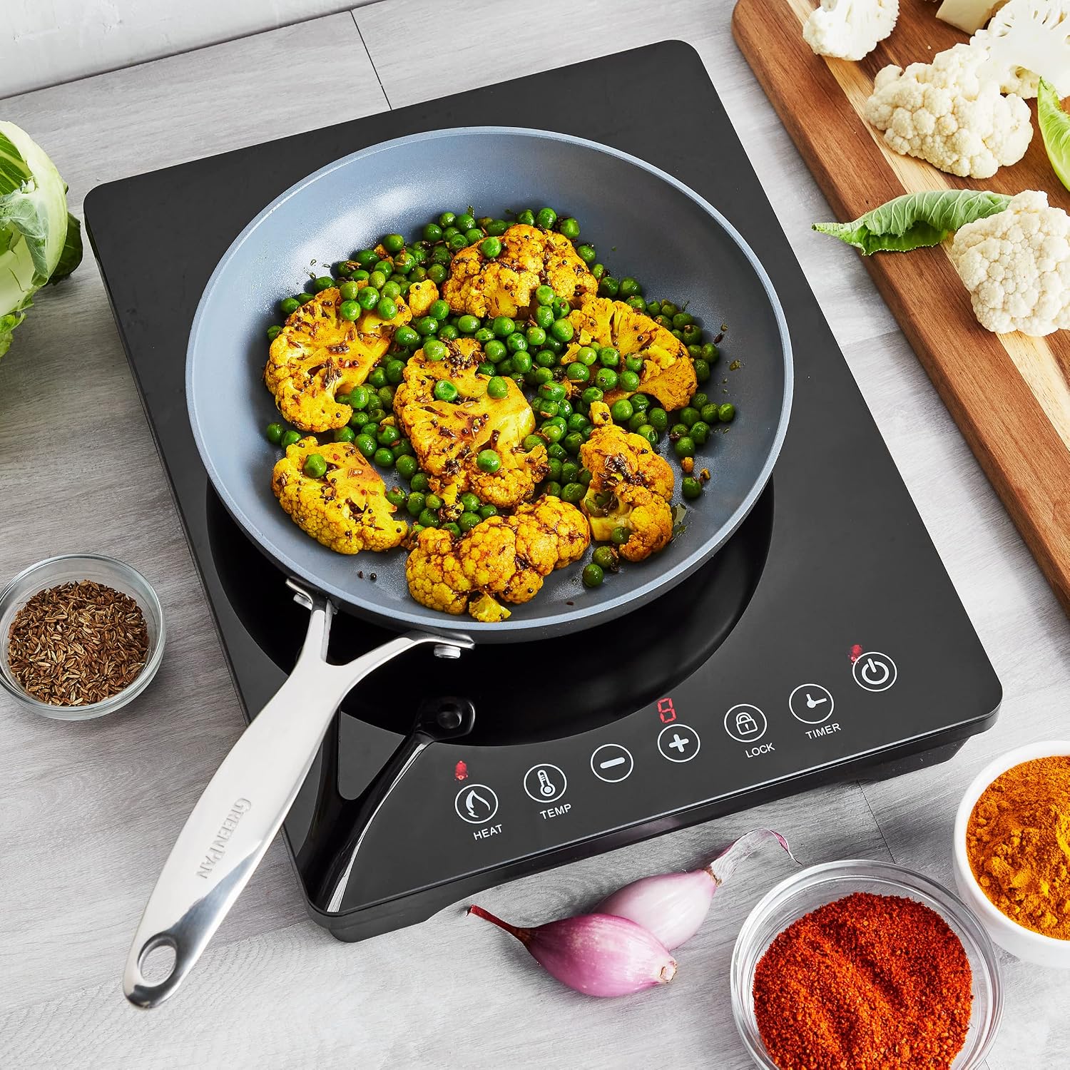 GreenPan Portable Induction Cooktop, Countertop Burner with Temperature Controls, Programmable LED Display with Timer, 1800W, Black, Induction Cooker