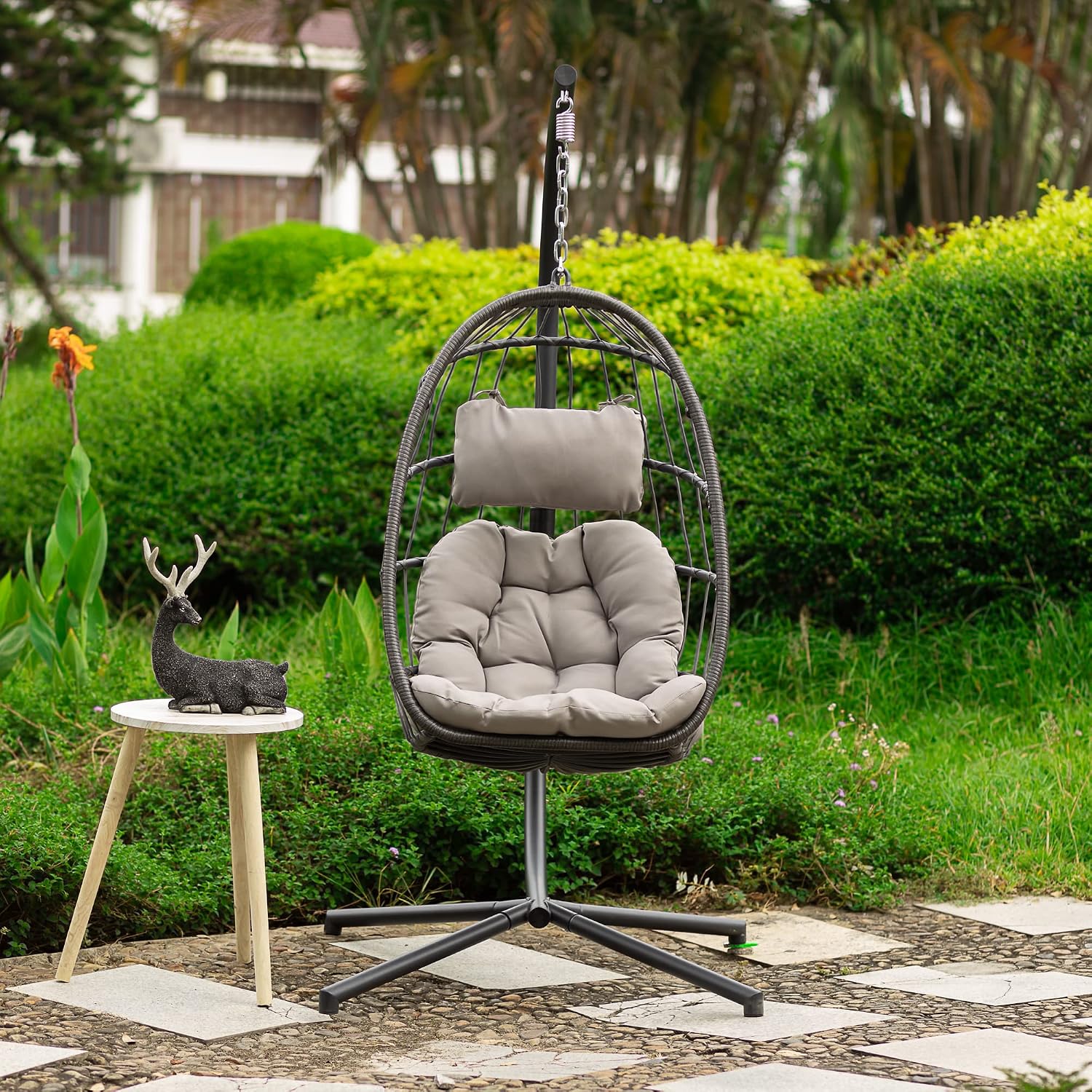 Indoor Outdoor Patio Wicker Hanging Chair Swing Chair Patio Egg Chair UV Resistant Cushion Aluminum Frame (LIGHT GREY)