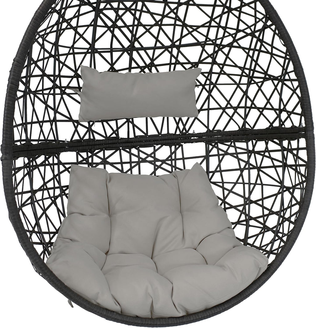 Sunnydaze Caroline Hanging Resin Wicker Egg Chair - 265-Pound Weight Capacity - Removable Gray Polyester Cushions