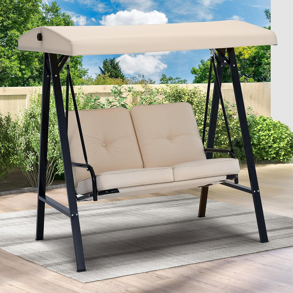 AECOJOY Outdoor Patio Swing Chair for Adults, 2-Seat Porch Swings with Adjustable Canopy, Outside Swing Bench with Removable Cushion, Suitable for Backyard, Garden, Yard, Poolside, Balcony (Beige)