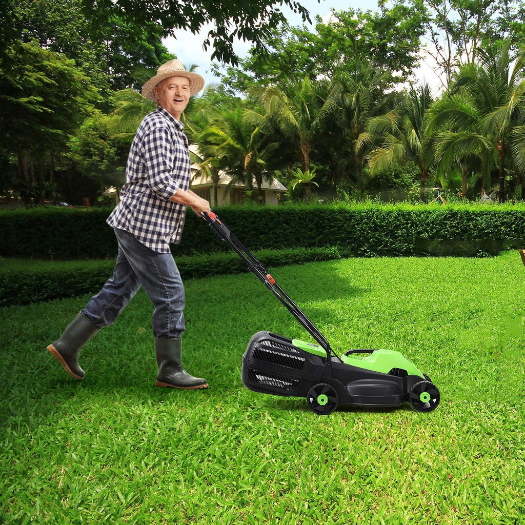 Happygrill Lawn Mower 13-Inch Electric Lawn Mower, Handle Push Corded Lawn Mowers with Grass Bag, Folding Handle, Adjustable Cutting Height for Garden Yard, 12 Amp,Green