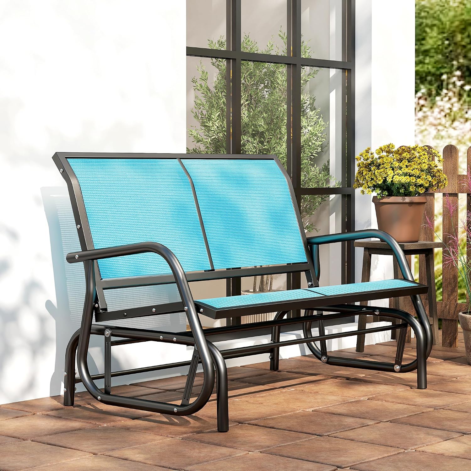 Outsunny 2-Person Outdoor Glider Bench, Patio Double Swing Rocking Chair Loveseat w/Powder Coated Steel Frame for Backyard Garden Porch, Blue