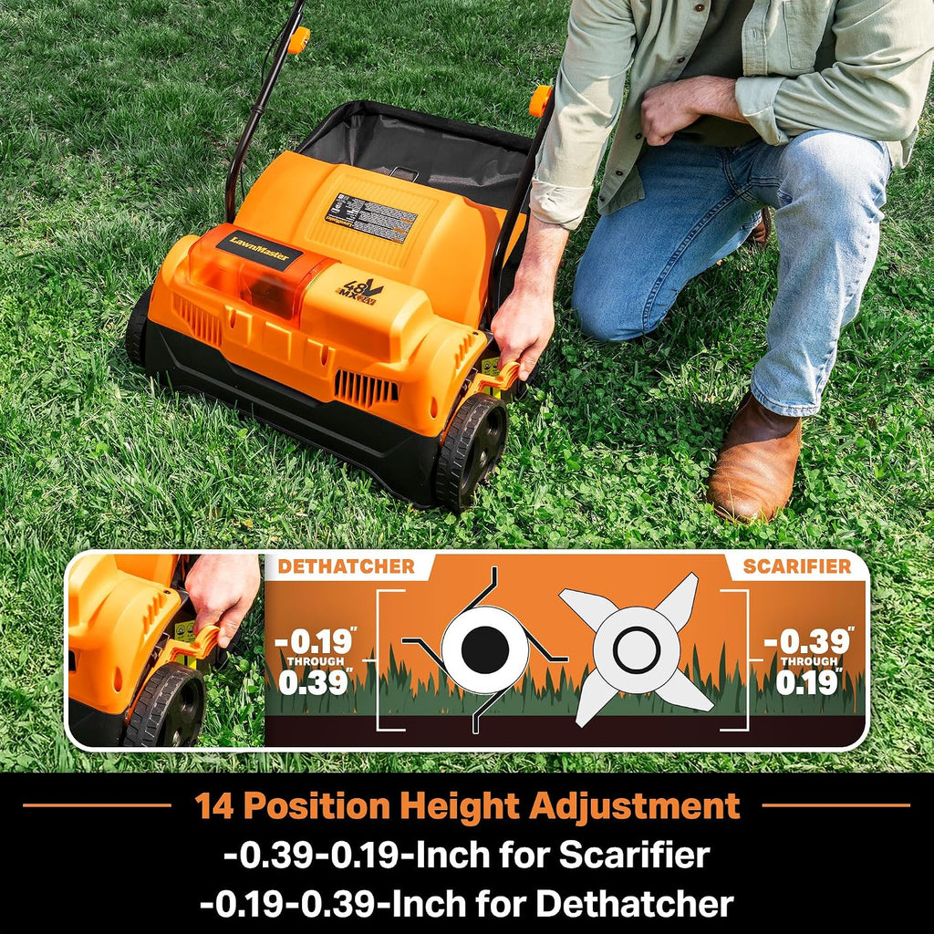 LawnMaster 48V MAX Brushless 16' 2-in-1 Cordless Dethatcher and Scarifier with Removable Thatch Collection Bag Quick-Fold – CLGVB4816