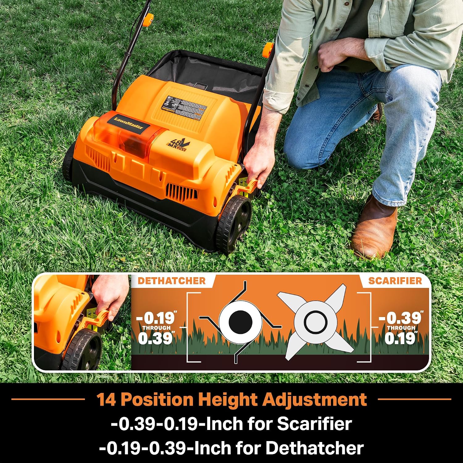 LawnMaster 48V MAX Brushless 16' 2-in-1 Cordless Dethatcher and Scarifier with Removable Thatch Collection Bag Quick-Fold – CLGVB4816