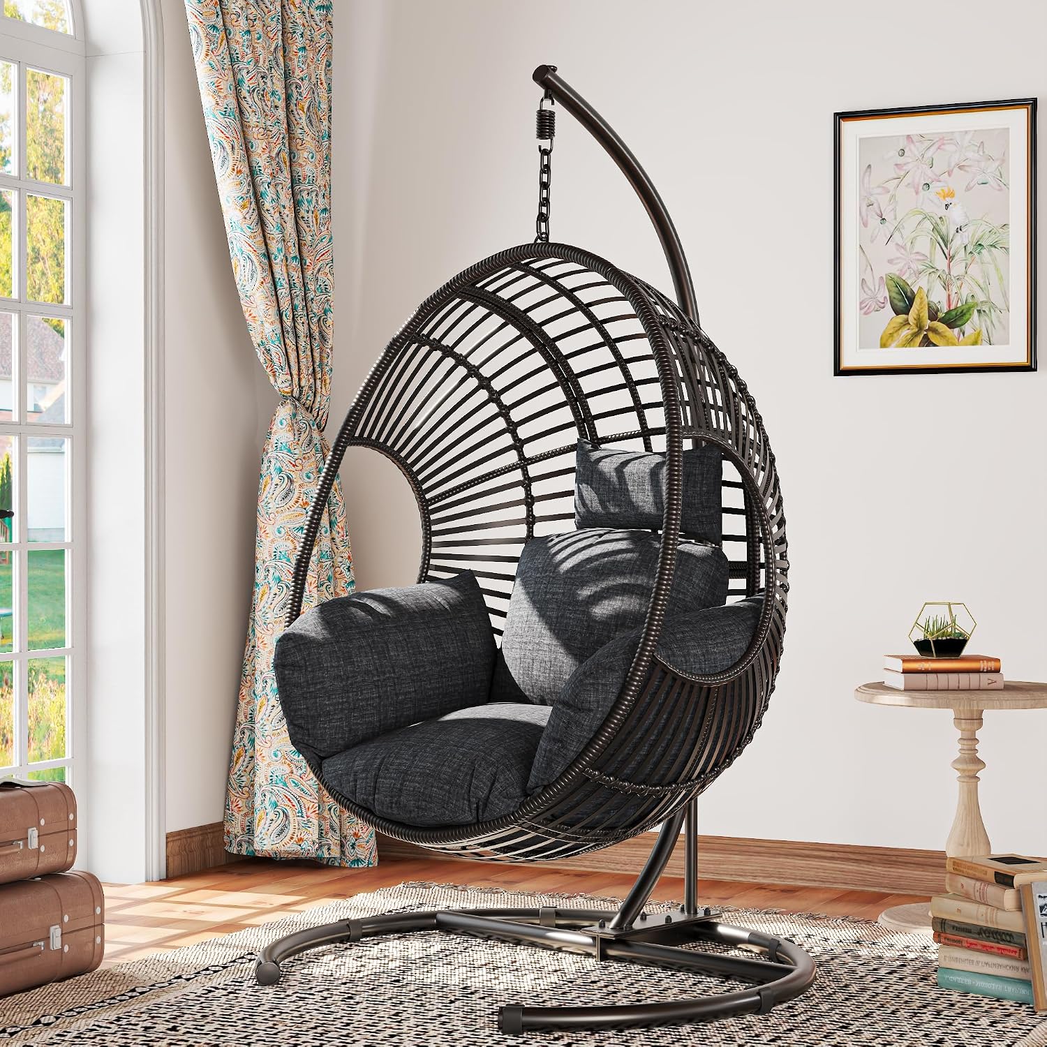 KEIKI Hanging Egg Chair with Stand Outdoor, 400LBS Capacity Patio Swing Chair with Cushion, Weatherproof PE Rattan Hammock Chair for Bedroom Balcony Garden, Waterproof Cover Included, Grey