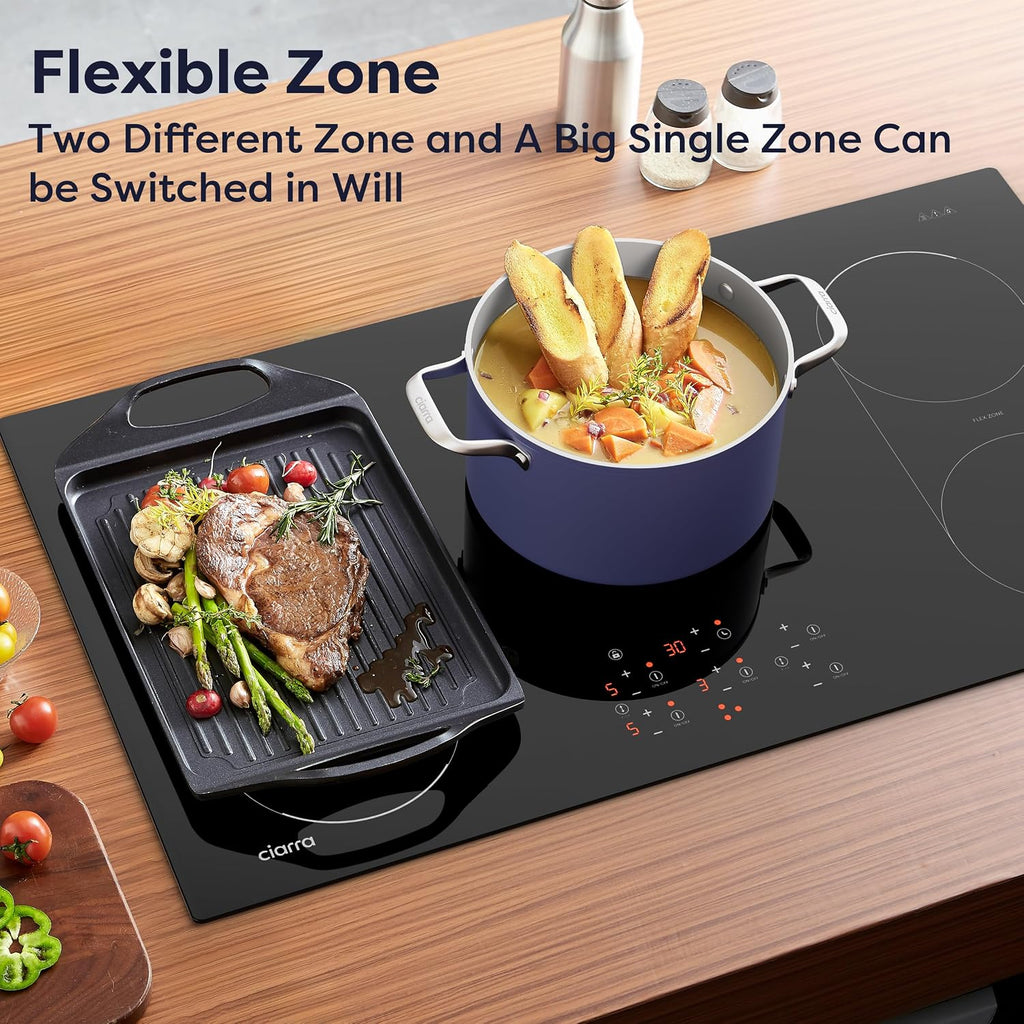 CIARRA 36 inch Induction Cooktop 5 Burners, 9600W Built-in Induction Stovetop with Double Flexi Zone, Booster, Timer & Safety Lock