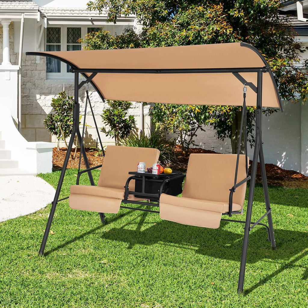 Tangkula 2 Person Porch Swing, Outdoor Swing with Pivot Storage Table, Cooler Bag, 2 Cup Holders, Removable Cushions, Patio Swing with Canopy for Backyard Balcony Poolside (Brown)