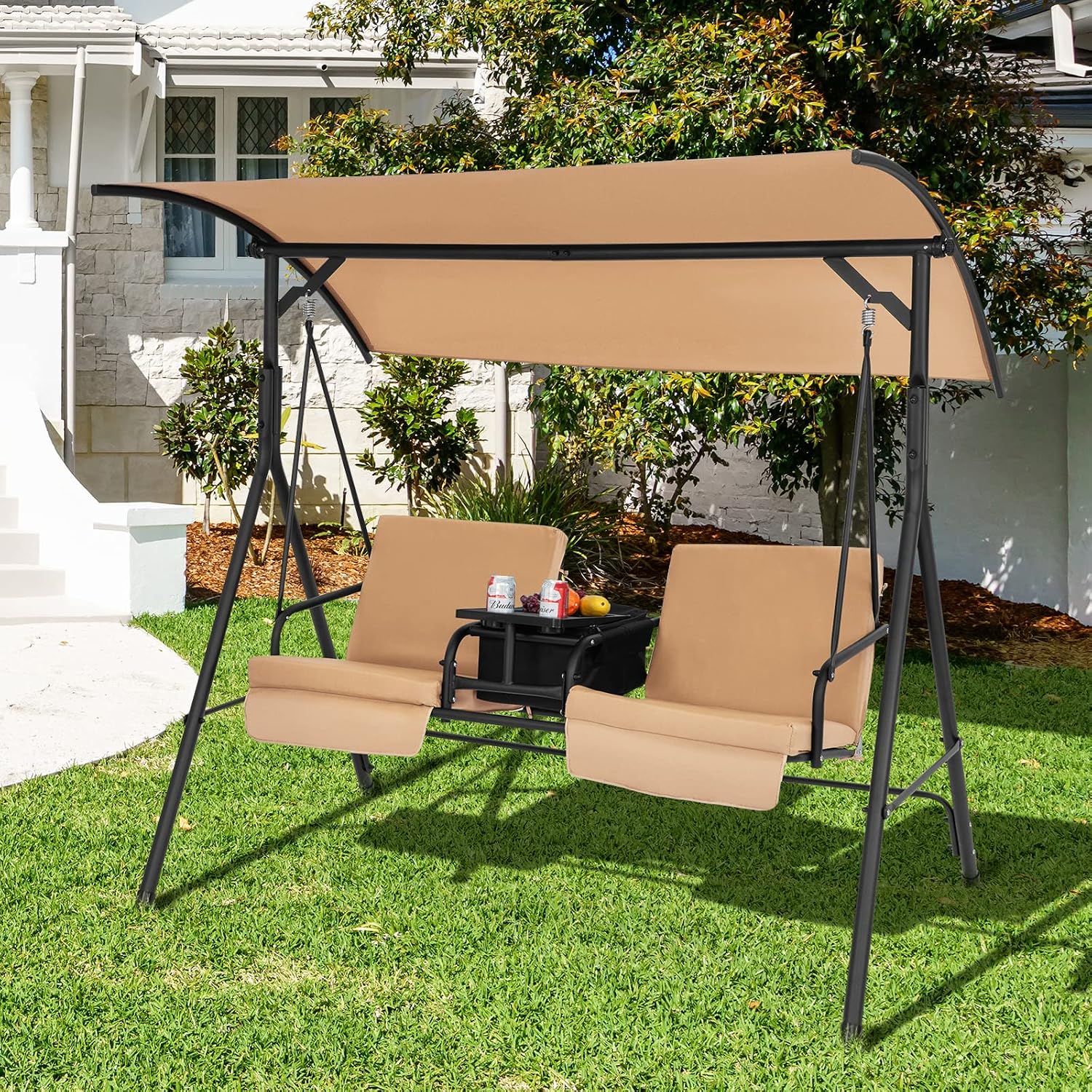 Tangkula 2 Person Porch Swing, Outdoor Swing with Pivot Storage Table, Cooler Bag, 2 Cup Holders, Removable Cushions, Patio Swing with Canopy for Backyard Balcony Poolside (Brown)