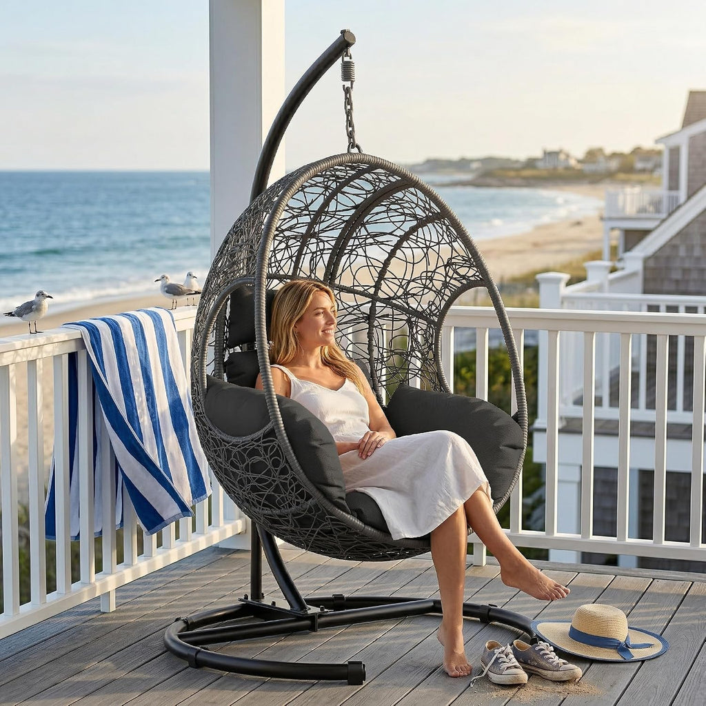 KEIKI Hanging Egg Chair with Stand Outdoor, 400LBS Capacity Patio Swing Chair with Cushion, Weatherproof PE Rattan Hammock Chair for Bedroom Balcony Garden, Waterproof Cover Included, Grey