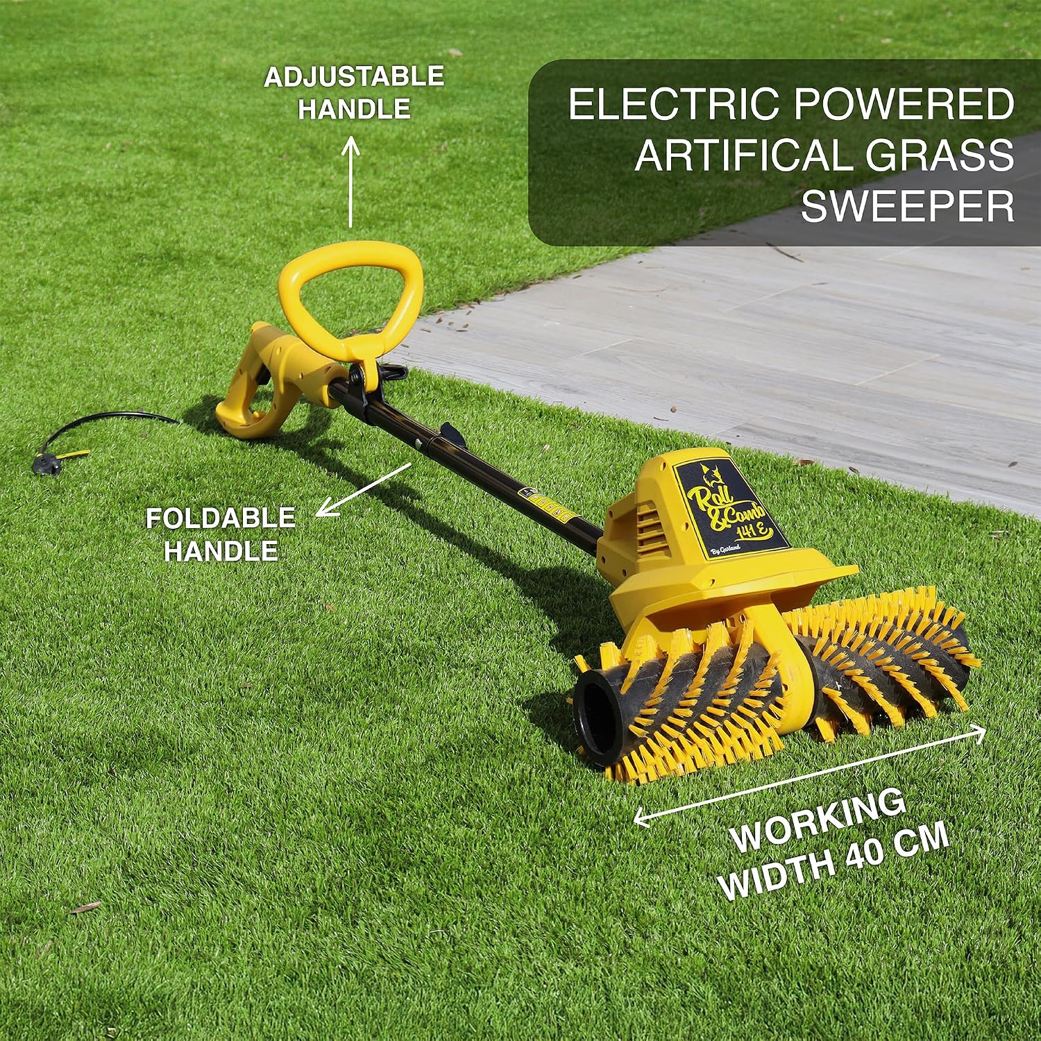 Artificial Turf Sweeper Broom by Roll & Comb, Corded Electric Power Rake for Artificial Grass, Fake Grass Cleaner for Dogs, Model 141e, 10.6lb.